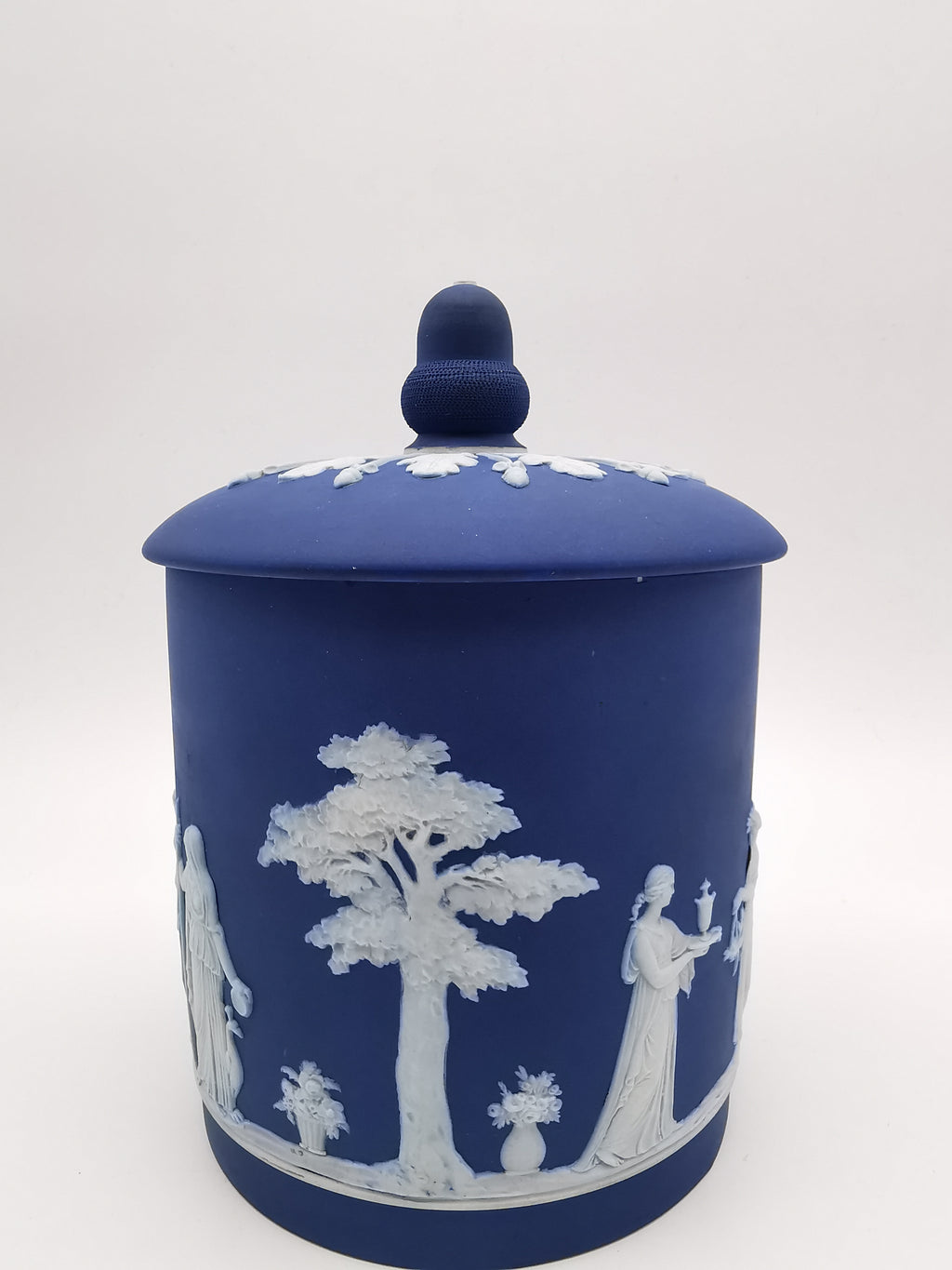 Antique Victorian Wedgwood Cobalt Dark Blue Jasperware Acorn Finial Biscuit Barrel -Jar