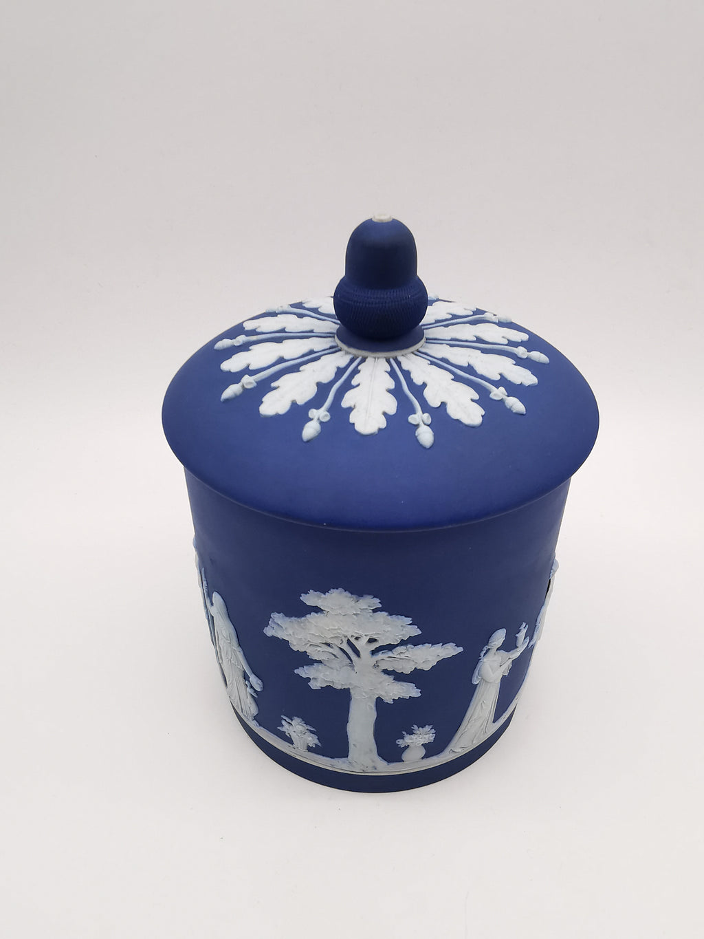 Antique Victorian Wedgwood Cobalt Dark Blue Jasperware Acorn Finial Biscuit Barrel -Jar
