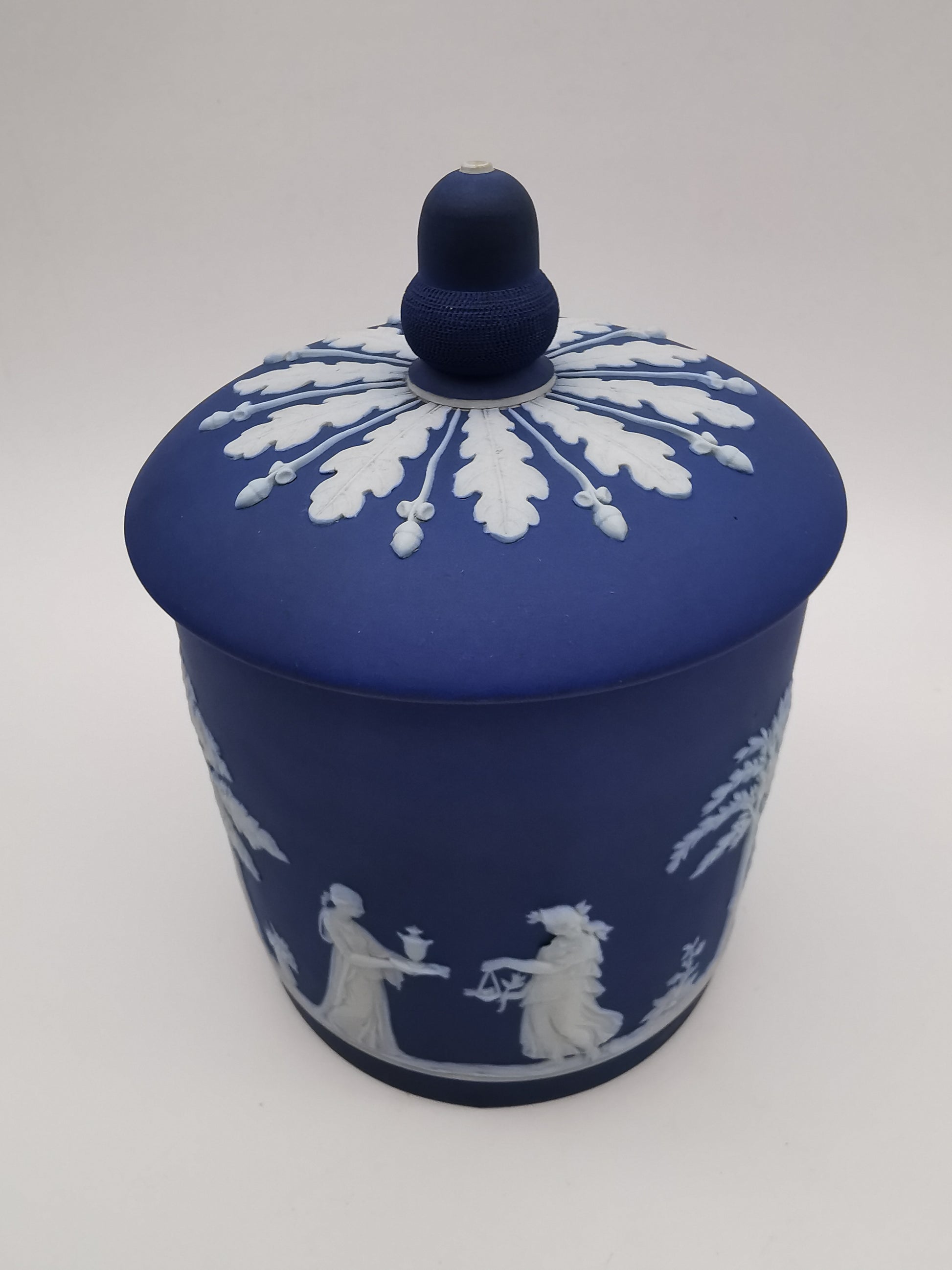 Antique Victorian Wedgwood Cobalt Dark Blue Jasperware Acorn Finial Biscuit Barrel -Jar