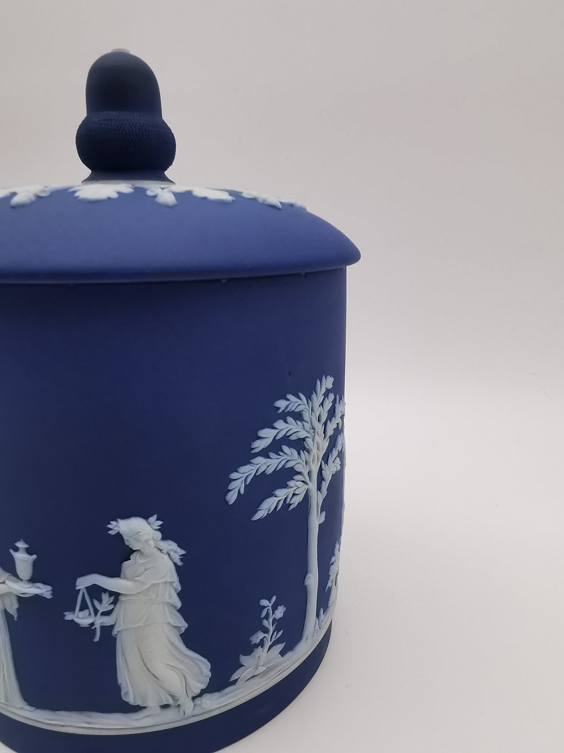 Antique Victorian Wedgwood Cobalt Dark Blue Jasperware Acorn Finial Biscuit Barrel -Jar