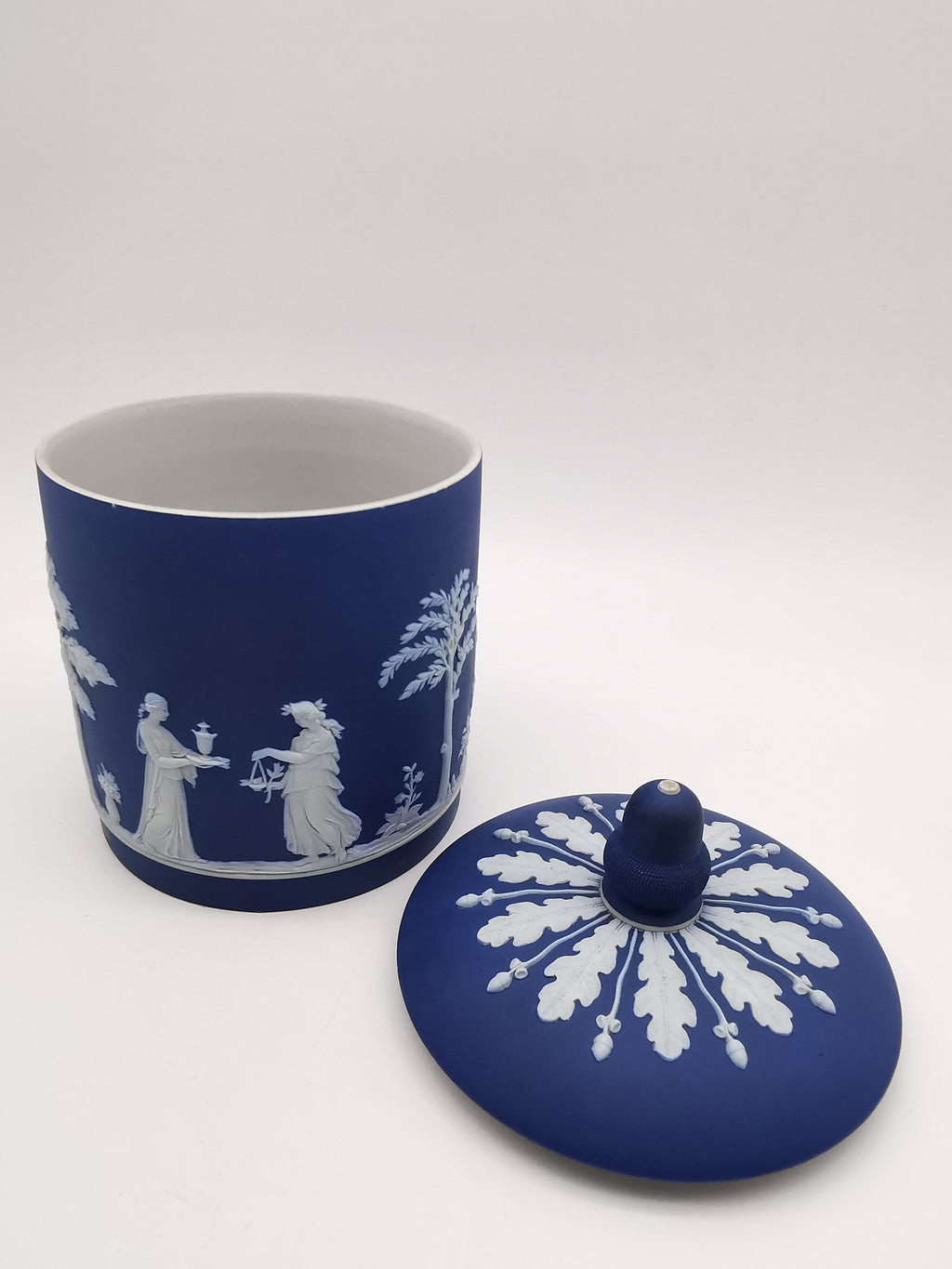 Antique Victorian Wedgwood Cobalt Dark Blue Jasperware Acorn Finial Biscuit Barrel -Jar