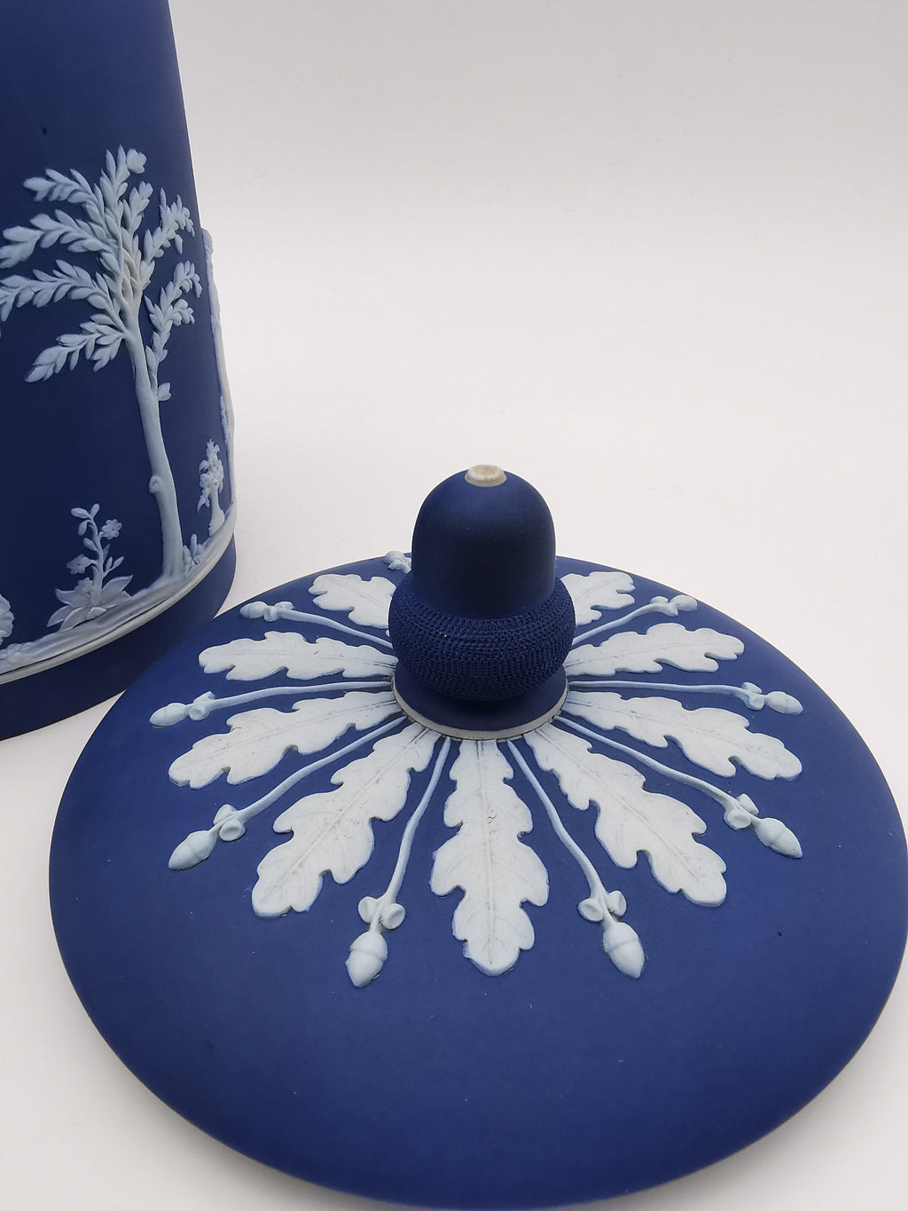 Antique Victorian Wedgwood Cobalt Dark Blue Jasperware Acorn Finial Biscuit Barrel -Jar