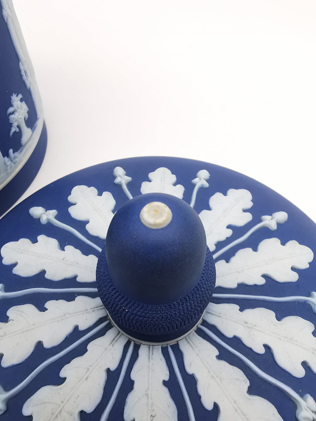 Antique Victorian Wedgwood Cobalt Dark Blue Jasperware Acorn Finial Biscuit Barrel -Jar