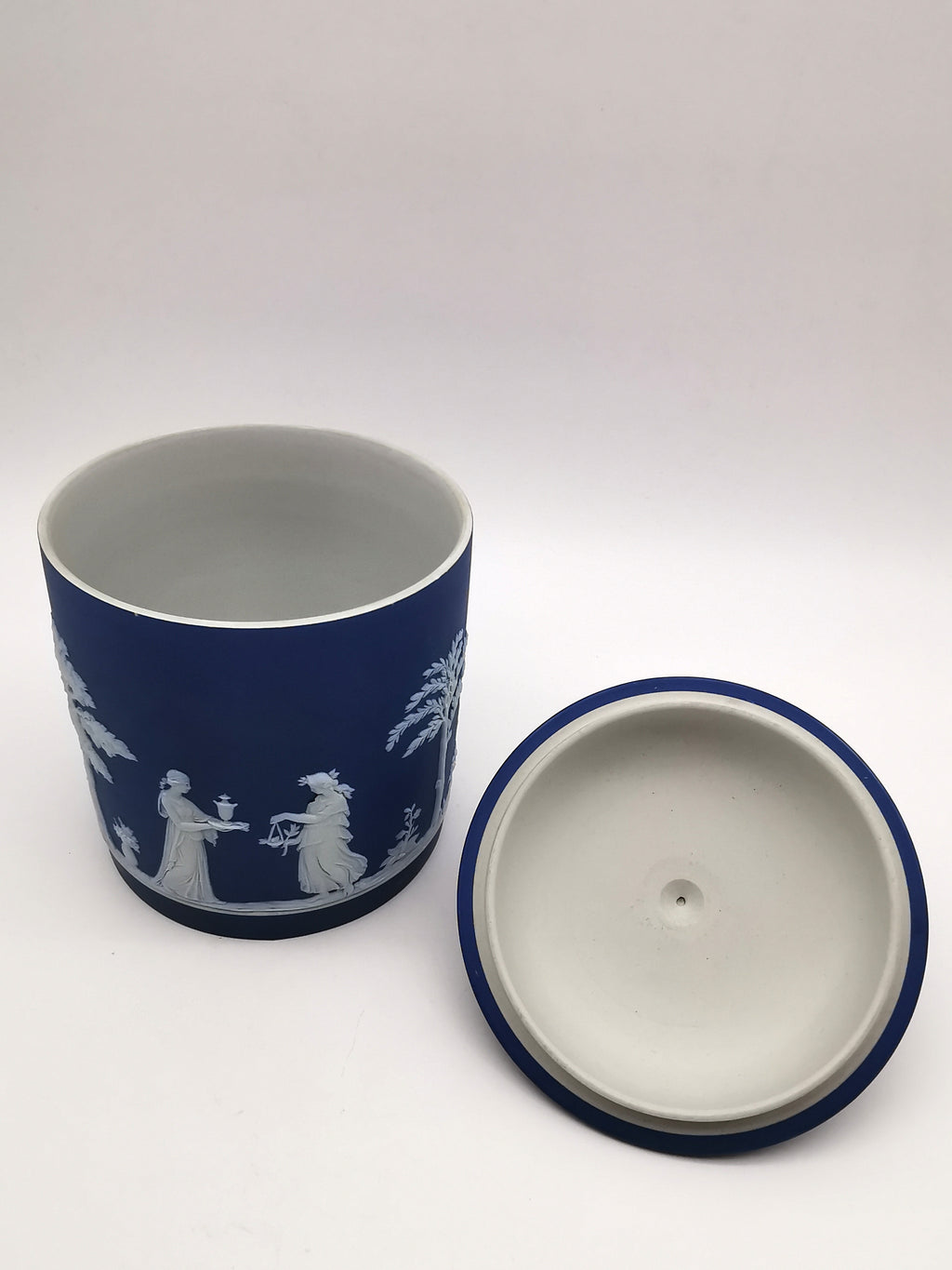 Antique Victorian Wedgwood Cobalt Dark Blue Jasperware Acorn Finial Biscuit Barrel -Jar