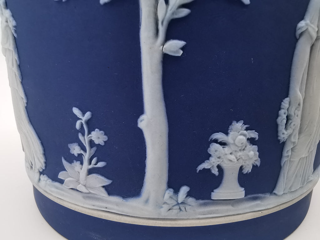 Antique Victorian Wedgwood Cobalt Dark Blue Jasperware Acorn Finial Biscuit Barrel -Jar