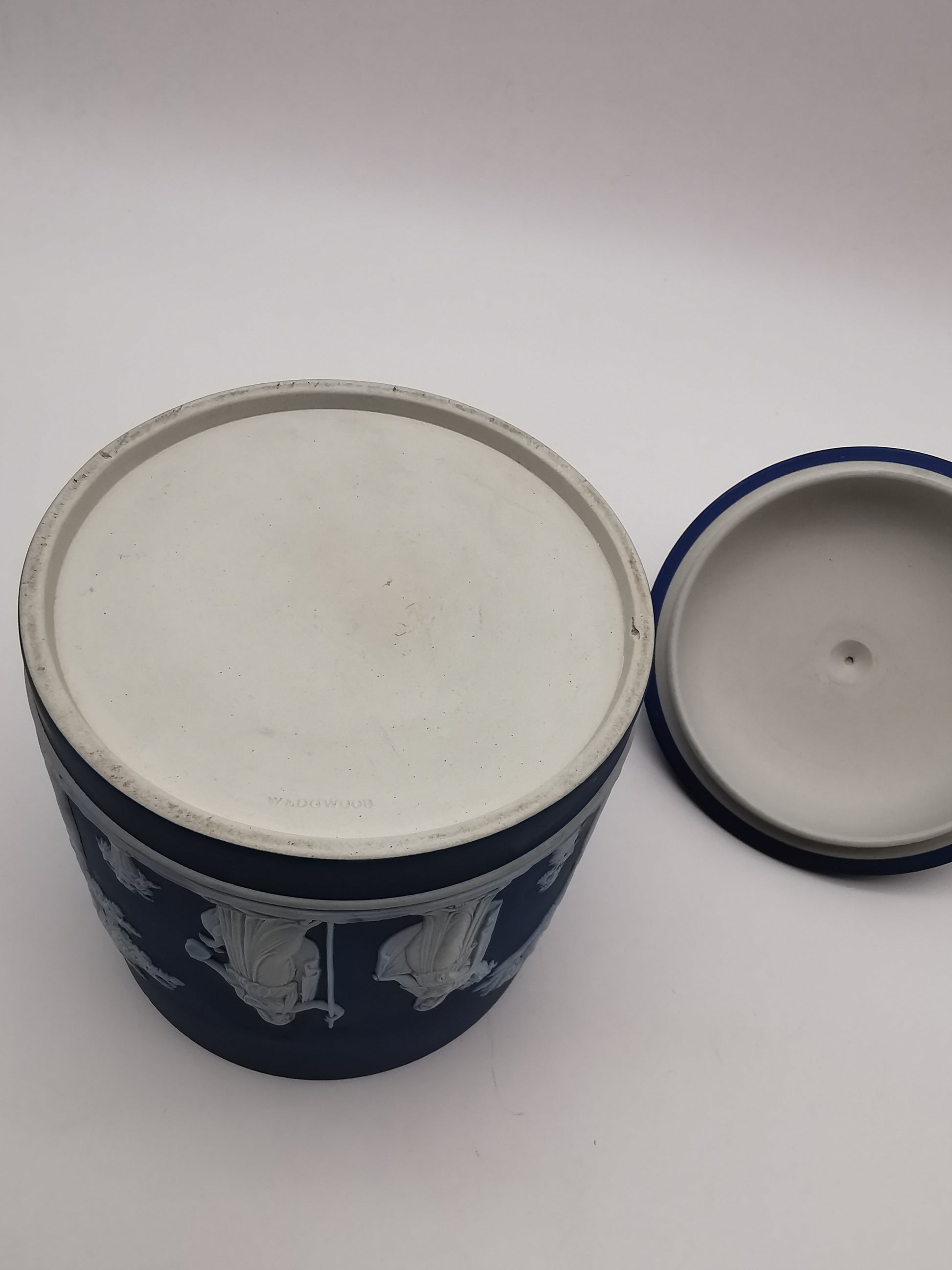 Antique Victorian Wedgwood Cobalt Dark Blue Jasperware Acorn Finial Biscuit Barrel -Jar