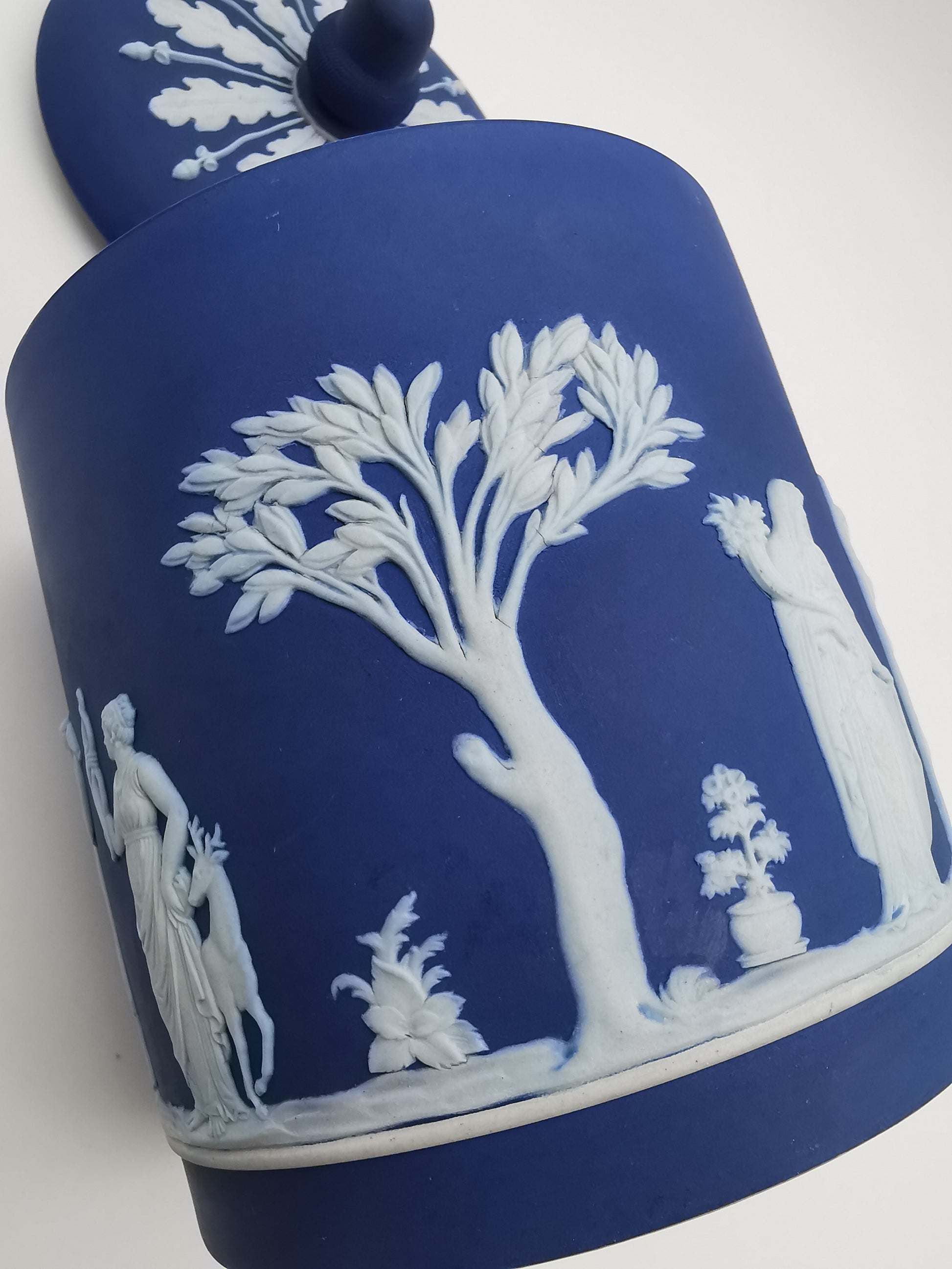 Antique Victorian Wedgwood Cobalt Dark Blue Jasperware Acorn Finial Biscuit Barrel -Jar