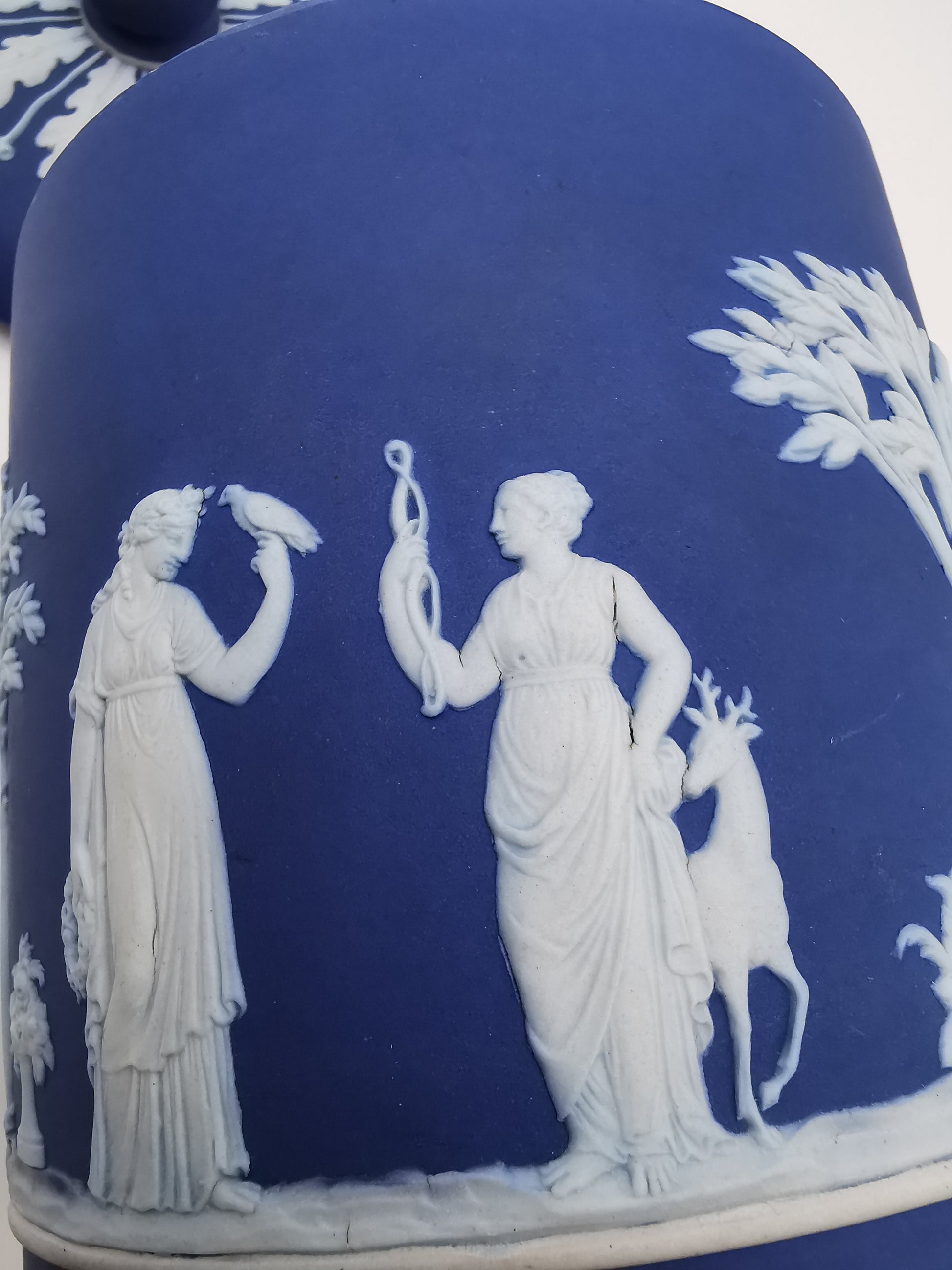 Antique Victorian Wedgwood Cobalt Dark Blue Jasperware Acorn Finial Biscuit Barrel -Jar
