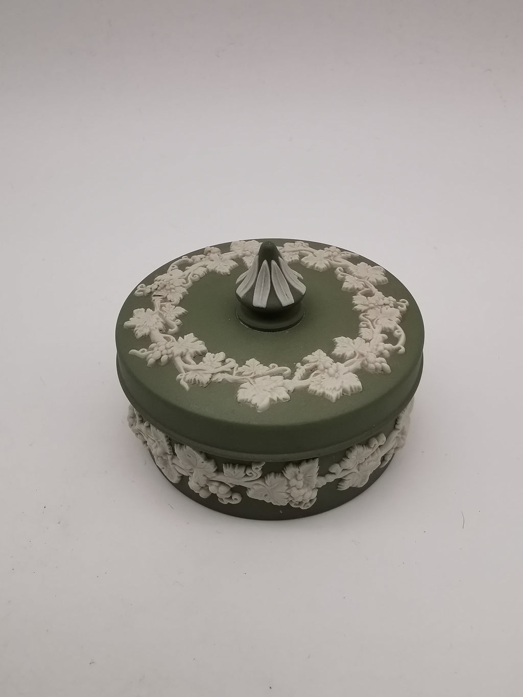 Vintage Wedgwood Sage Green Jasperware Small Round Grapevine Trinket Box