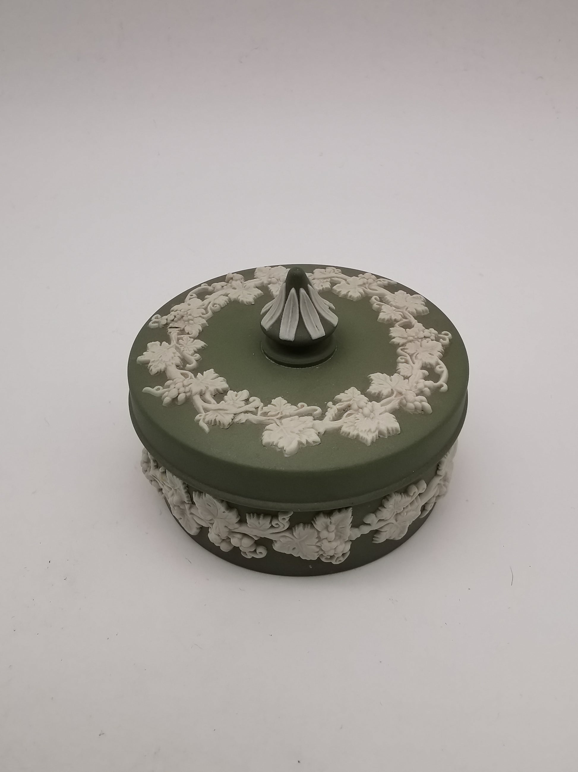 Vintage Wedgwood Sage Green Jasperware Small Round Grapevine Trinket Box