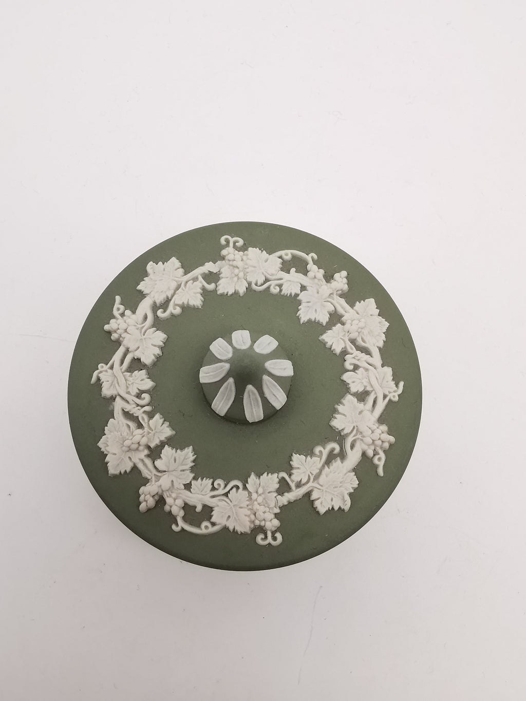 Vintage Wedgwood Sage Green Jasperware Small Round Grapevine Trinket Box