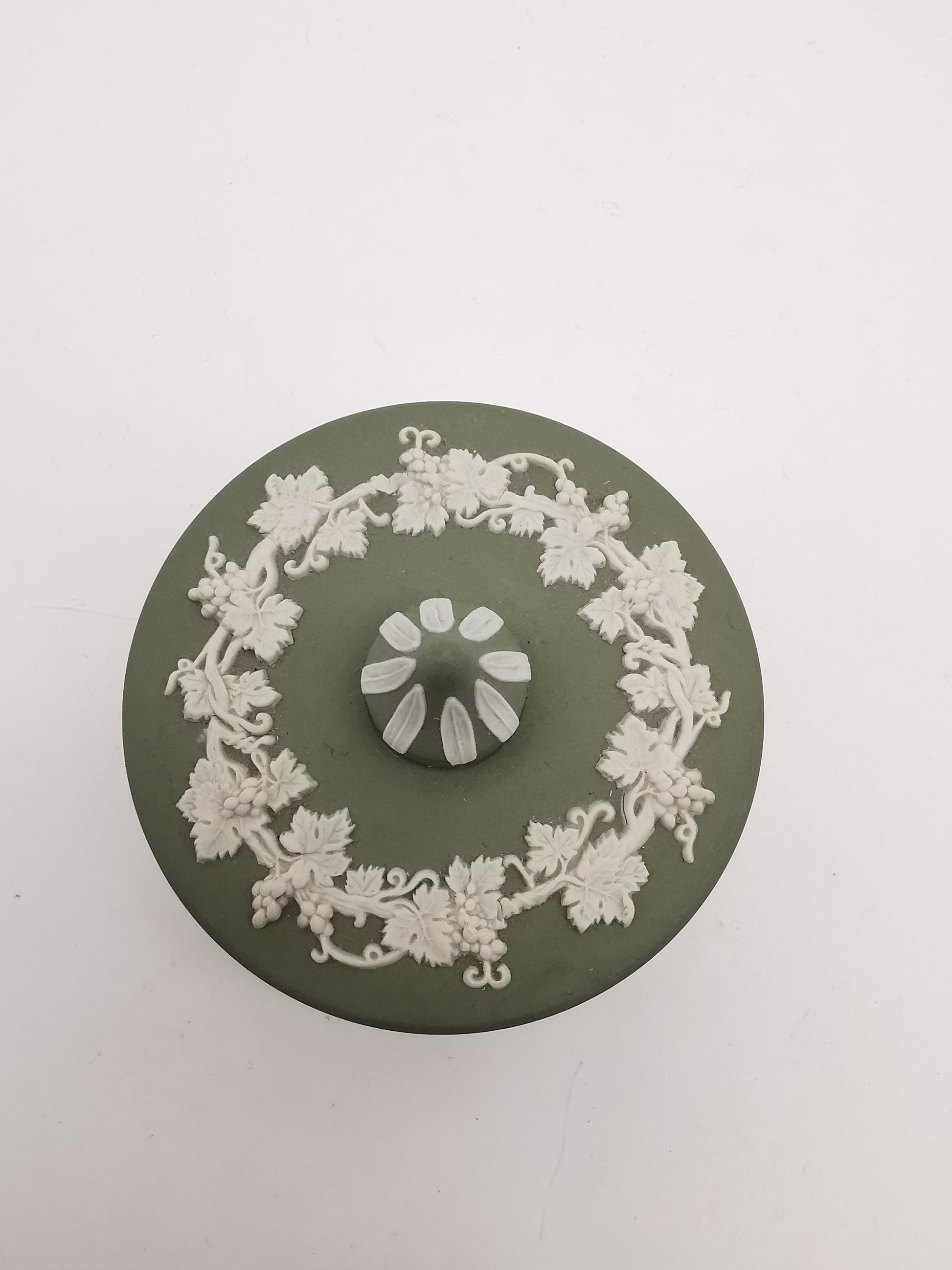 Vintage Wedgwood Sage Green Jasperware Small Round Grapevine Trinket Box