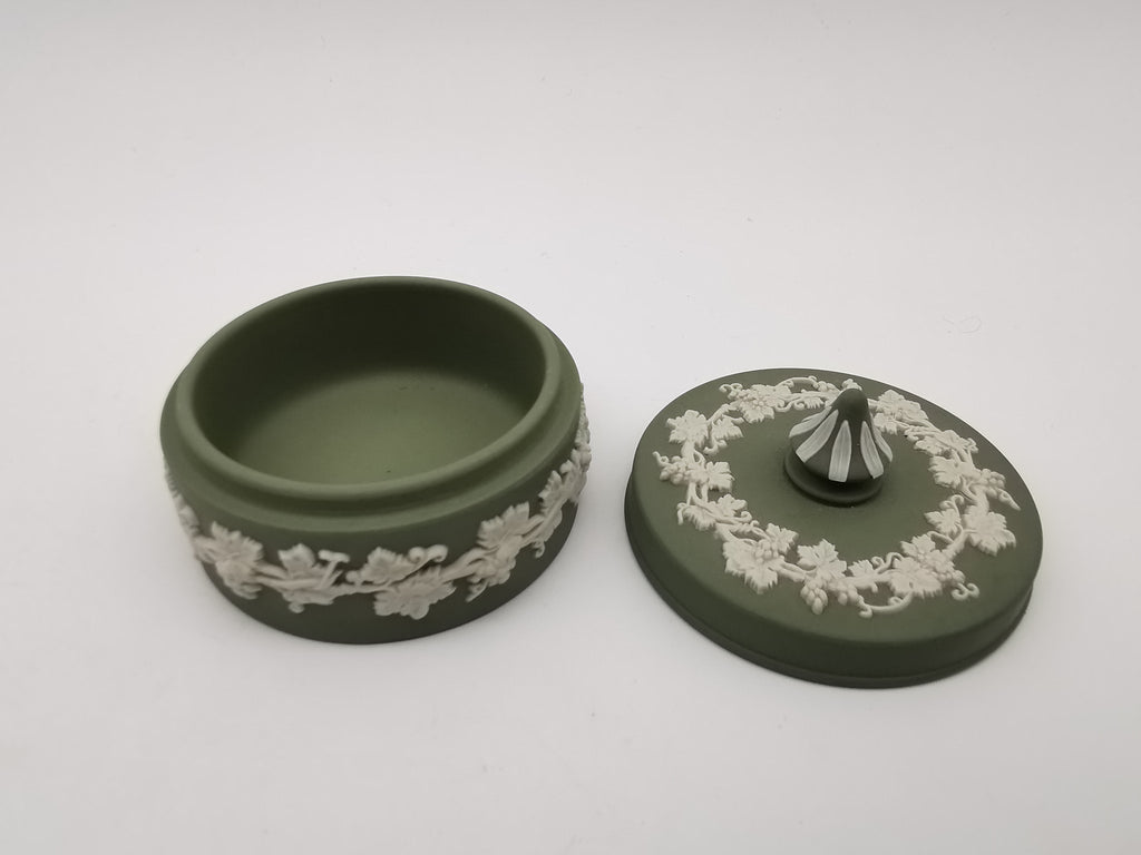 Vintage Wedgwood Sage Green Jasperware Small Round Grapevine Trinket Box