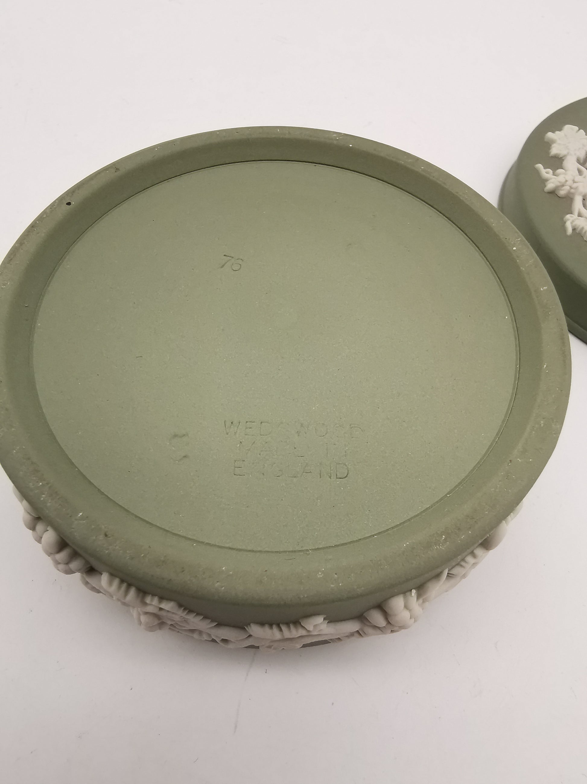 Vintage Wedgwood Sage Green Jasperware Small Round Grapevine Trinket Box