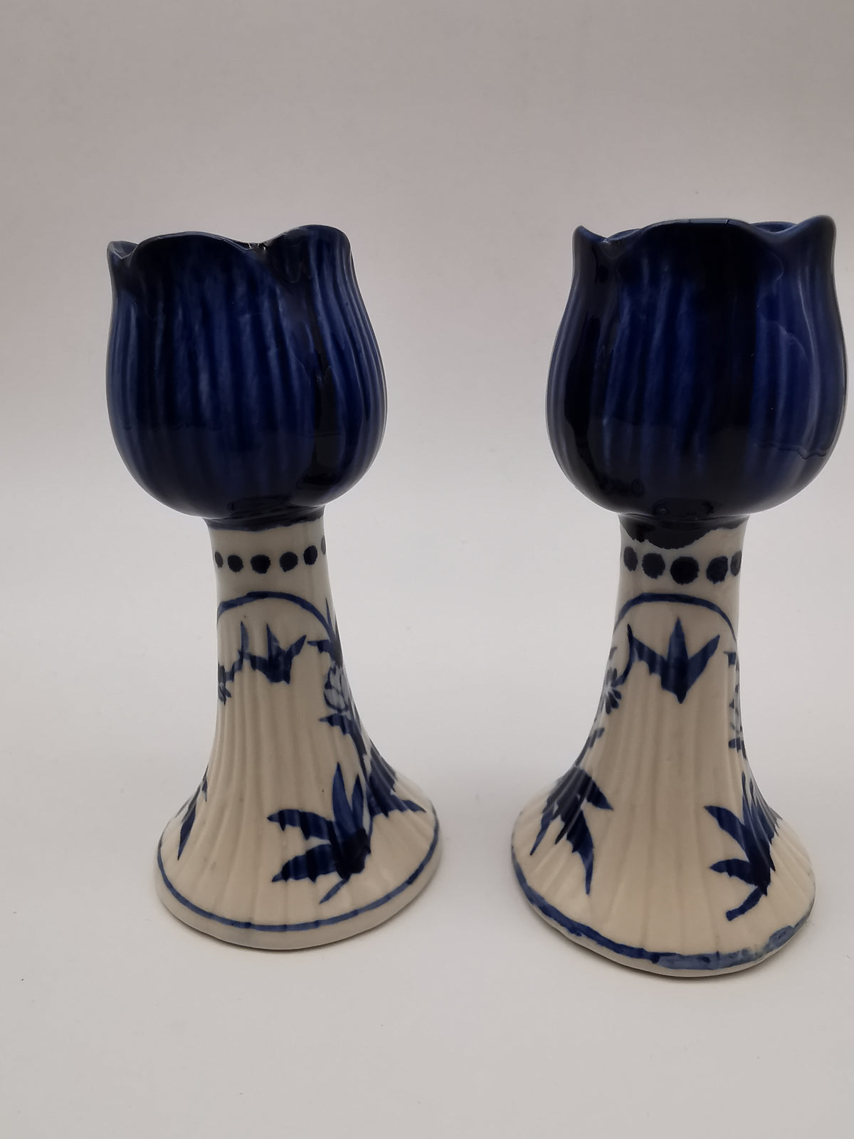 Pair of Vintage Delft Blue Hand-Painted Ceramic Tulip Candlestick Holders