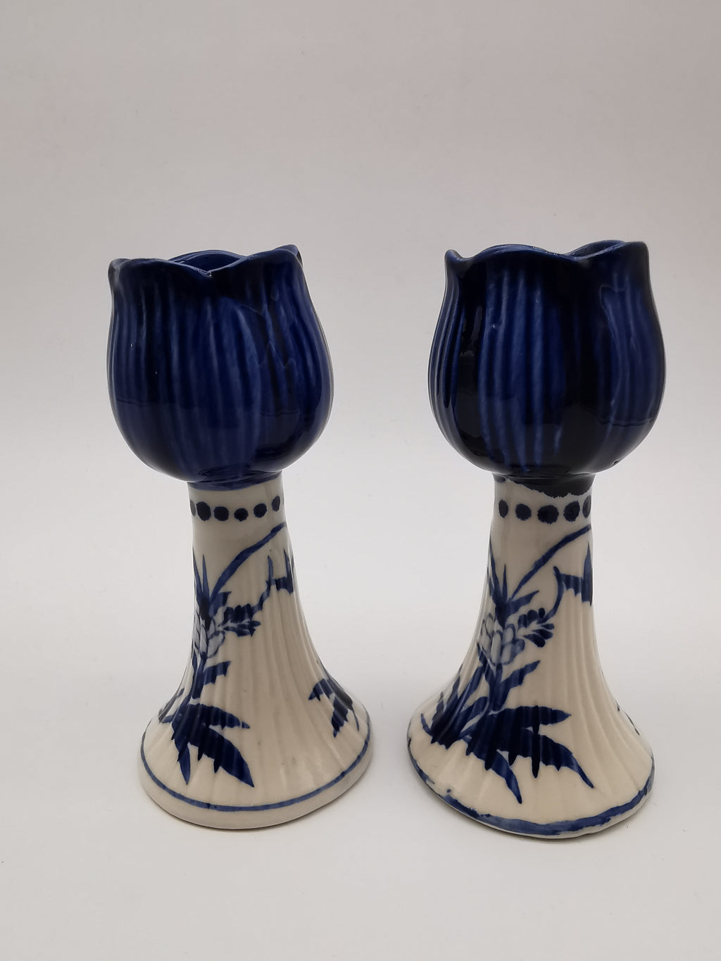 Pair of Vintage Delft Blue Hand-Painted Ceramic Tulip Candlestick Holders