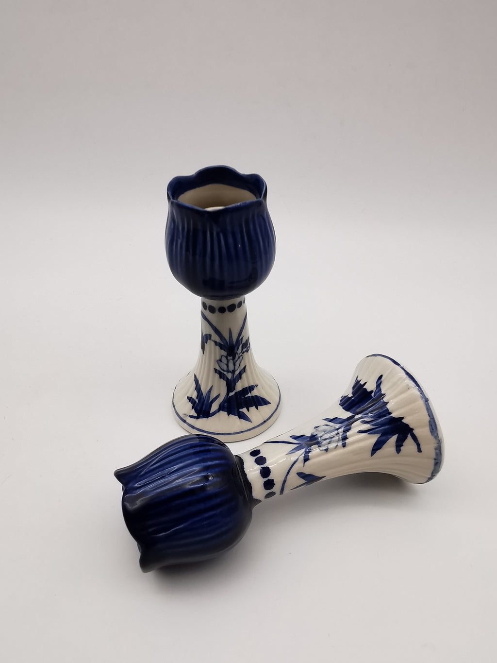 Pair of Vintage Delft Blue Hand-Painted Ceramic Tulip Candlestick Holders