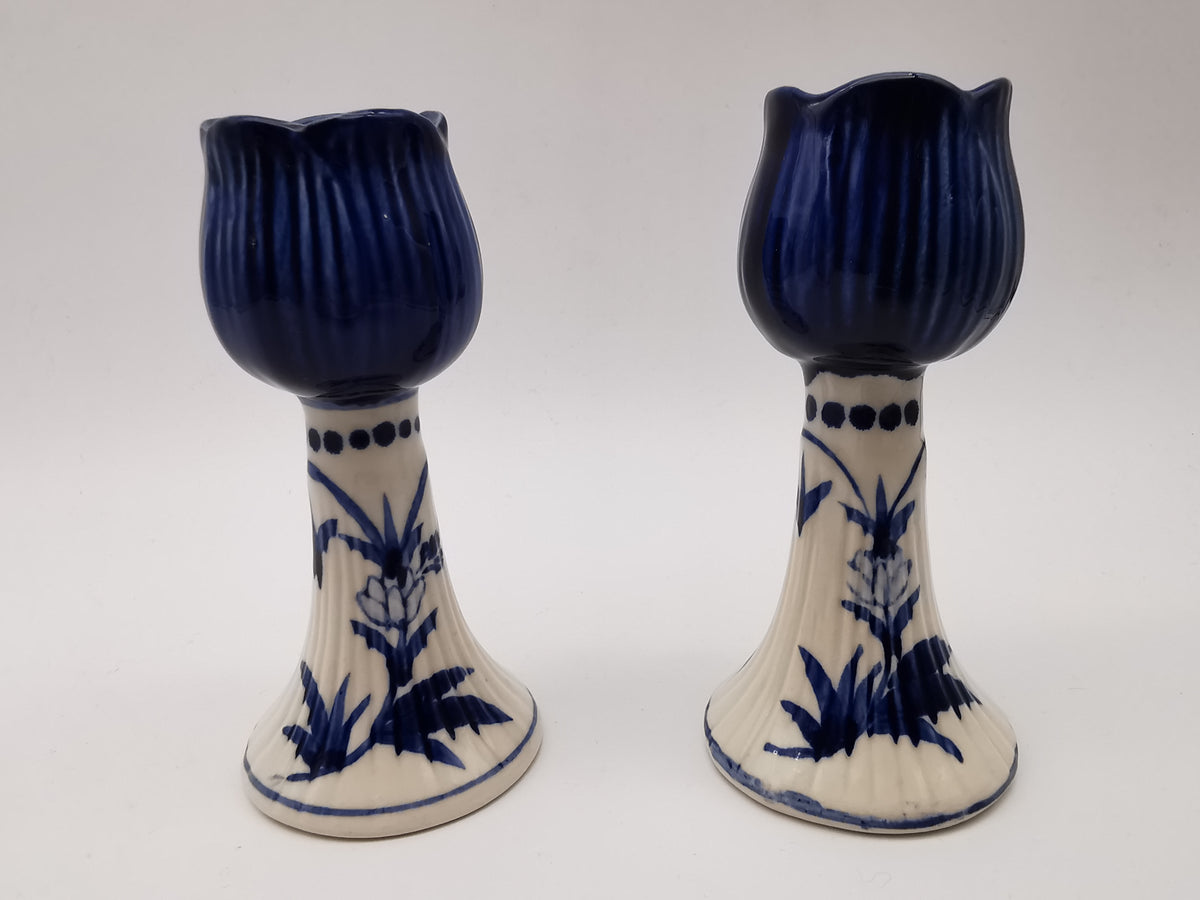 Pair of Vintage Delft Blue Hand-Painted Ceramic Tulip Candlestick Holders