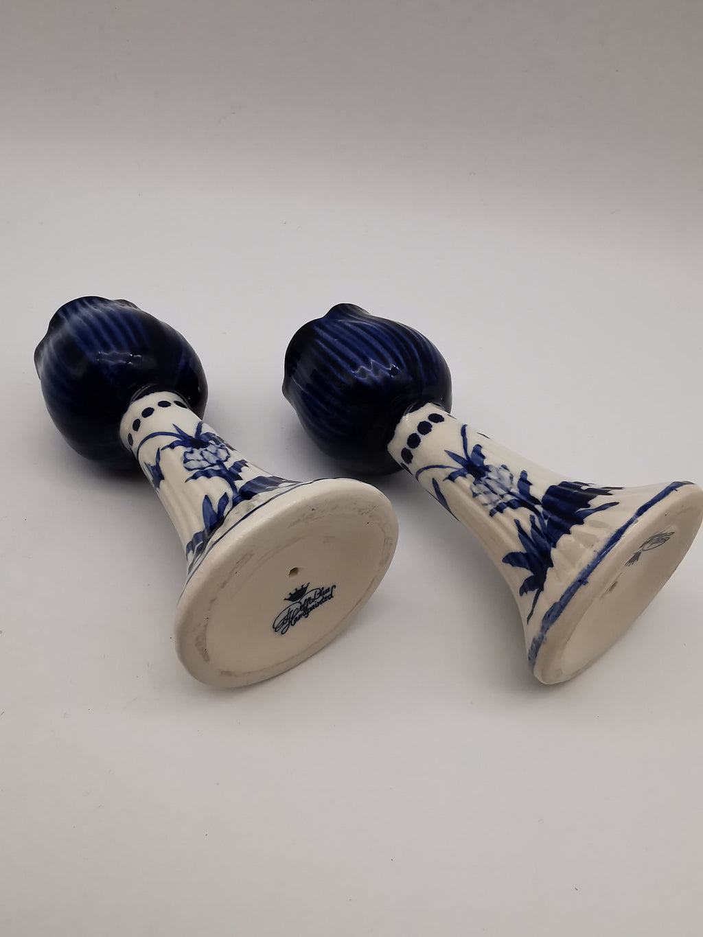 Pair of Vintage Delft Blue Hand-Painted Ceramic Tulip Candlestick Holders