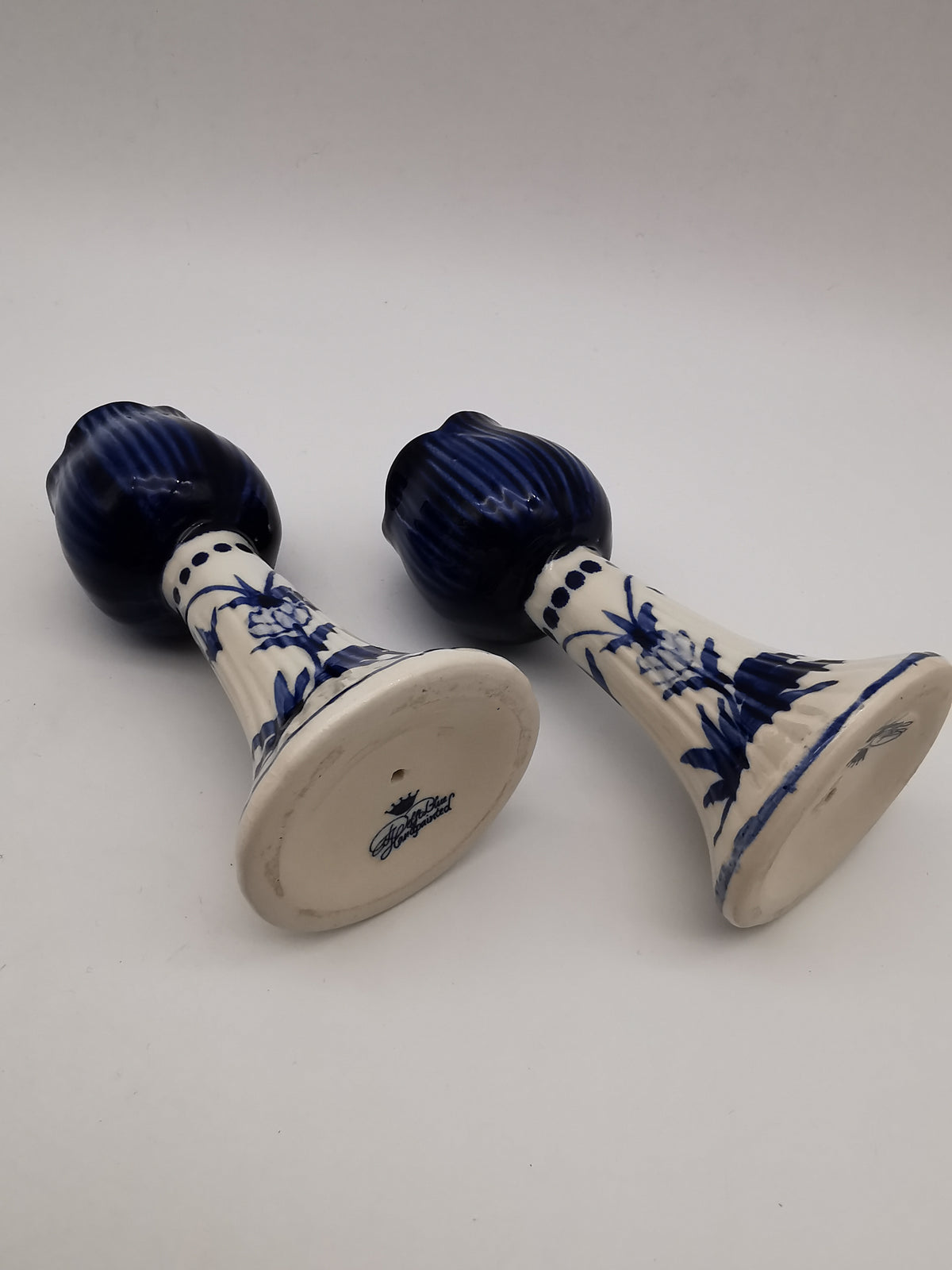 Pair of Vintage Delft Blue Hand-Painted Ceramic Tulip Candlestick Holders