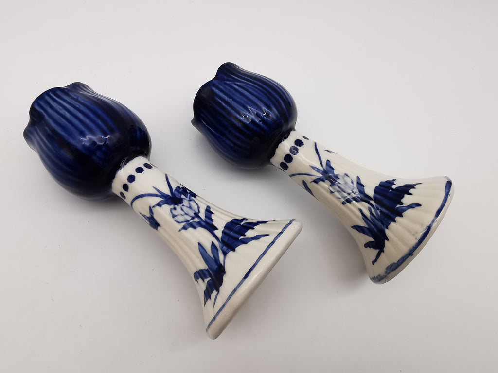 Pair of Vintage Delft Blue Hand-Painted Ceramic Tulip Candlestick Holders
