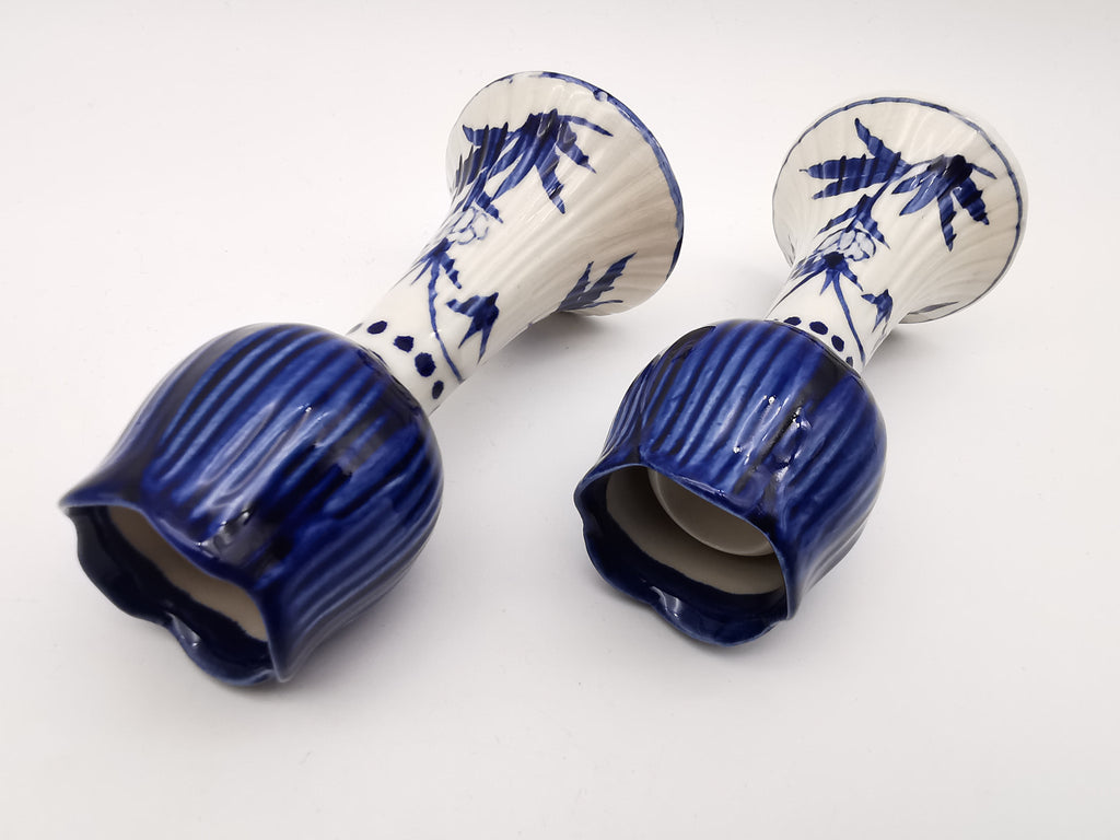Pair of Vintage Delft Blue Hand-Painted Ceramic Tulip Candlestick Holders