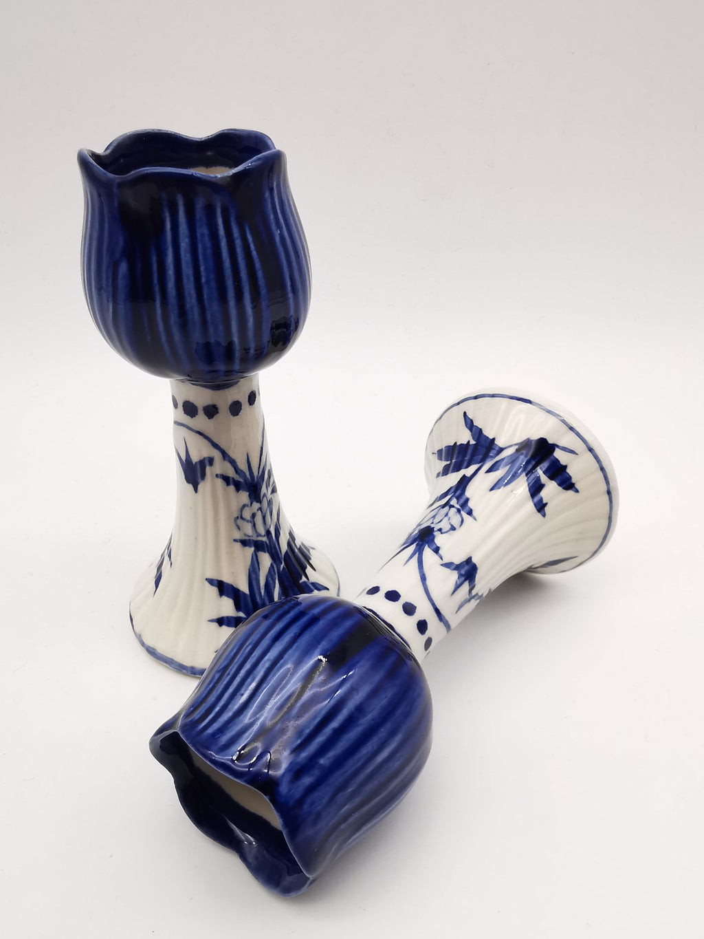 Pair of Vintage Delft Blue Hand-Painted Ceramic Tulip Candlestick Holders