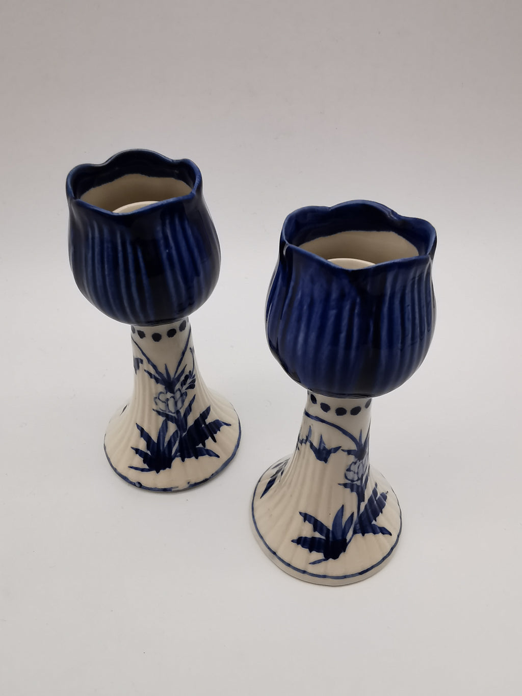Pair of Vintage Delft Blue Hand-Painted Ceramic Tulip Candlestick Holders