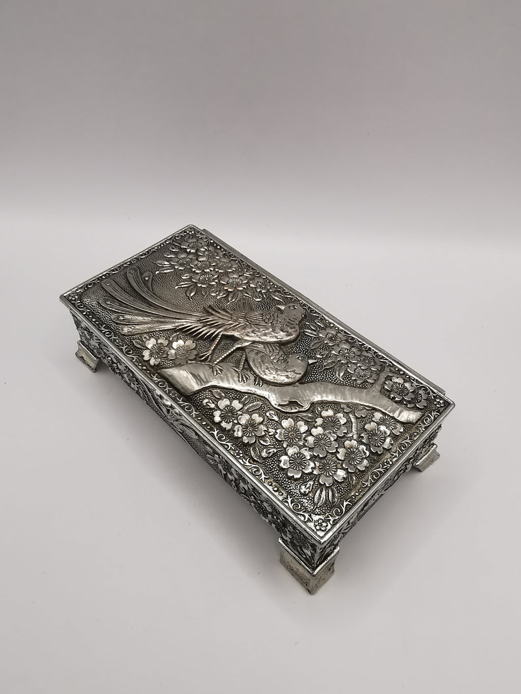 Silver Plated Metal Flowers and Birds Embossed Box, Foreign, Japan