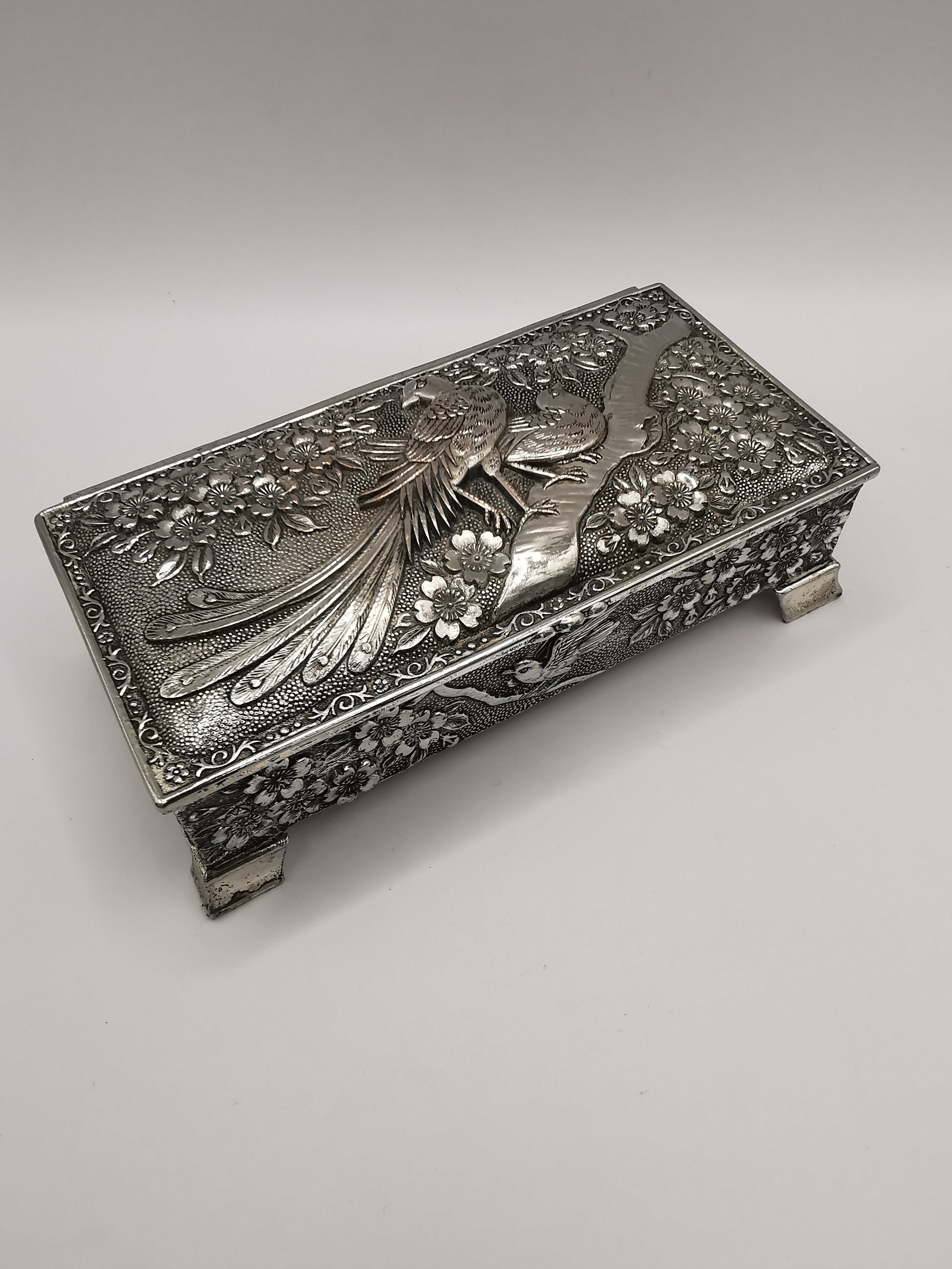 Silver Plated Metal Flowers and Birds Embossed Box, Foreign, Japan