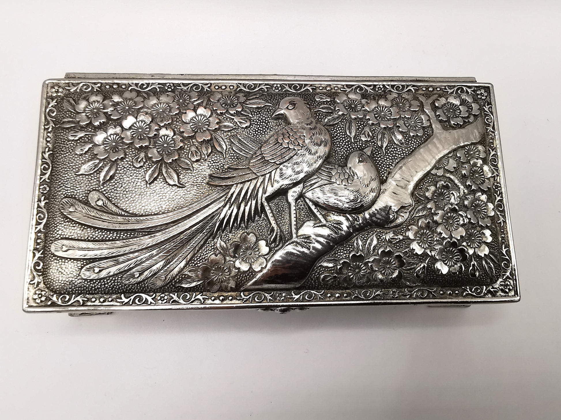 Silver Plated Metal Flowers and Birds Embossed Box, Foreign, Japan