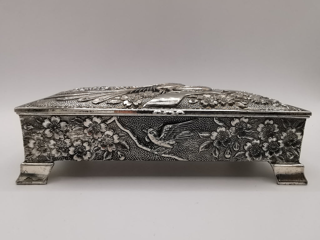 Silver Plated Metal Flowers and Birds Embossed Box, Foreign, Japan