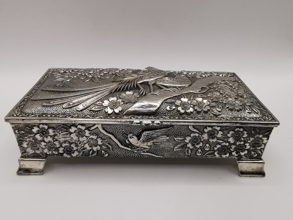 Silver Plated Metal Flowers and Birds Embossed Box, Foreign, Japan