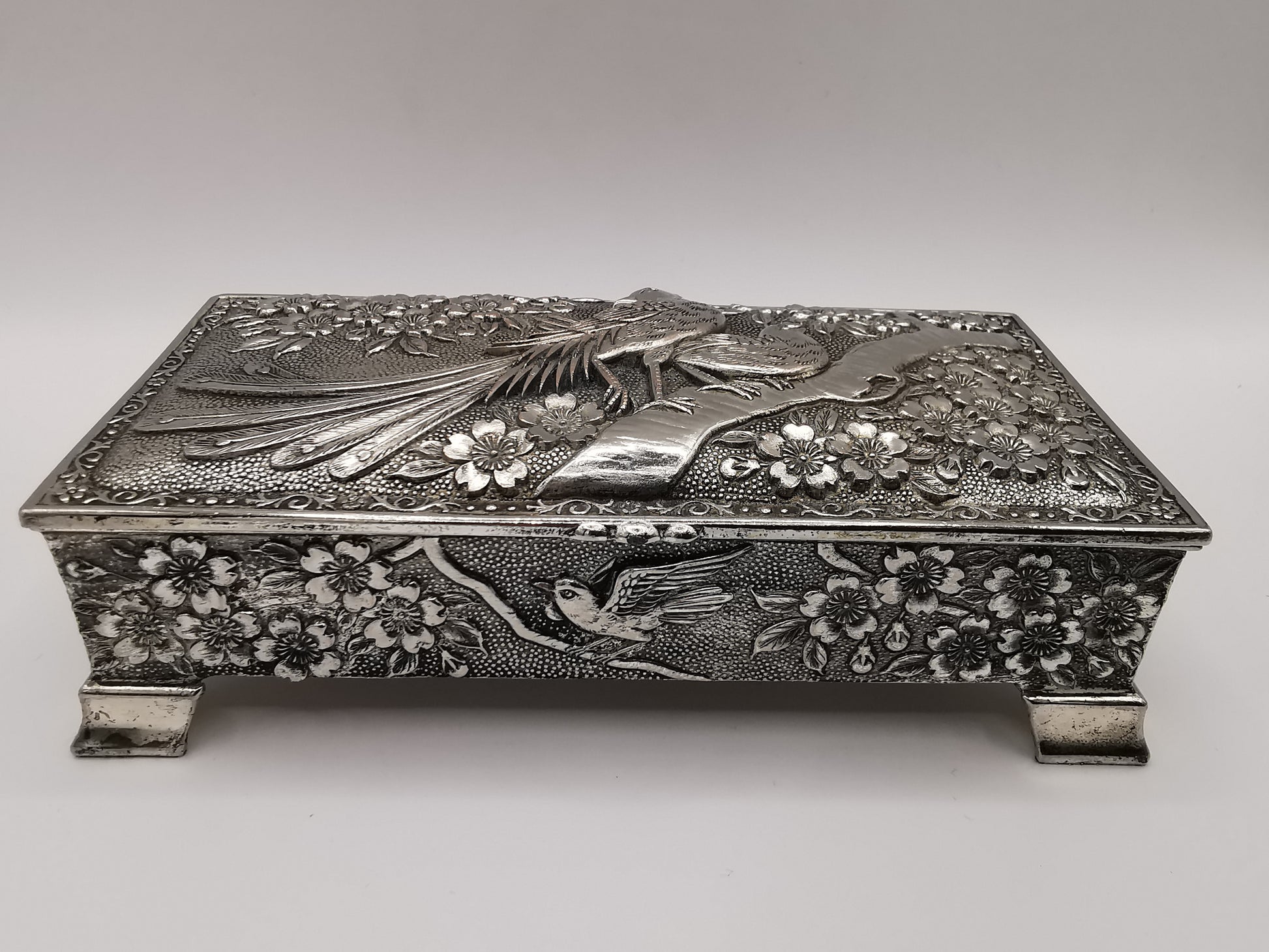 Silver Plated Metal Flowers and Birds Embossed Box, Foreign, Japan