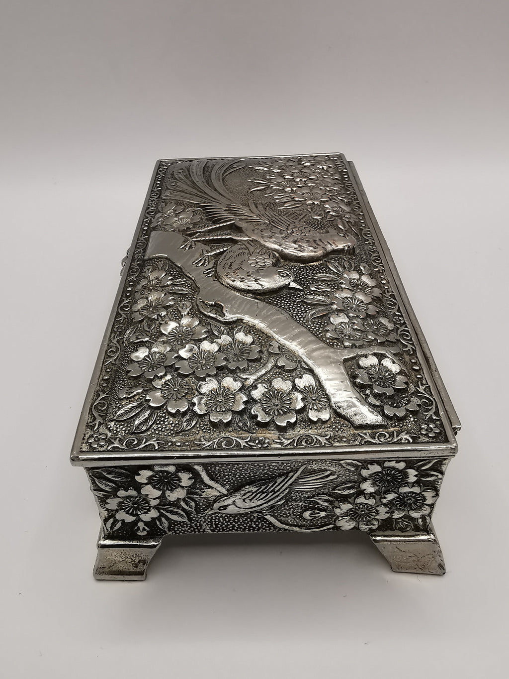 Silver Plated Metal Flowers and Birds Embossed Box, Foreign, Japan
