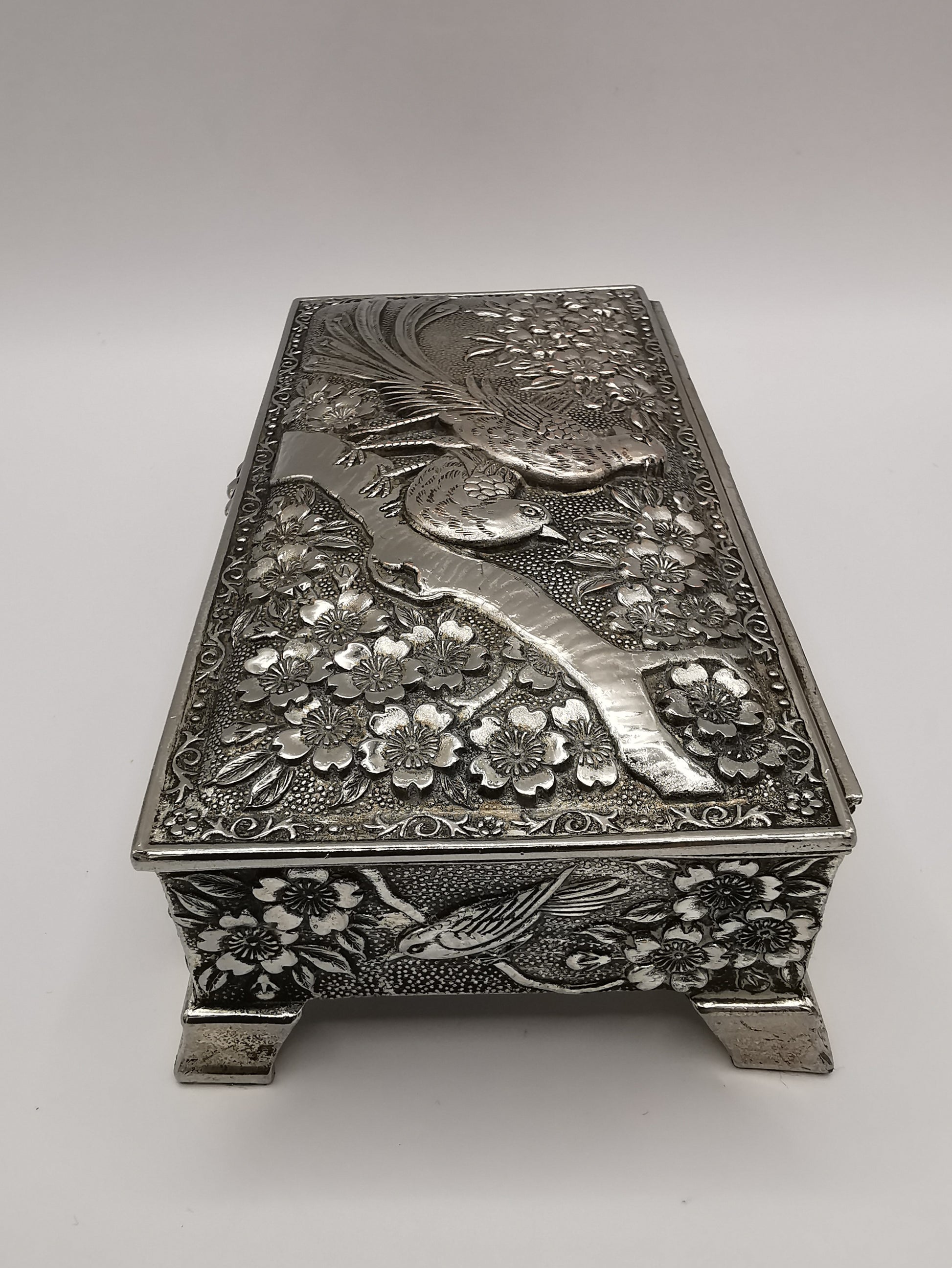 Silver Plated Metal Flowers and Birds Embossed Box, Foreign, Japan