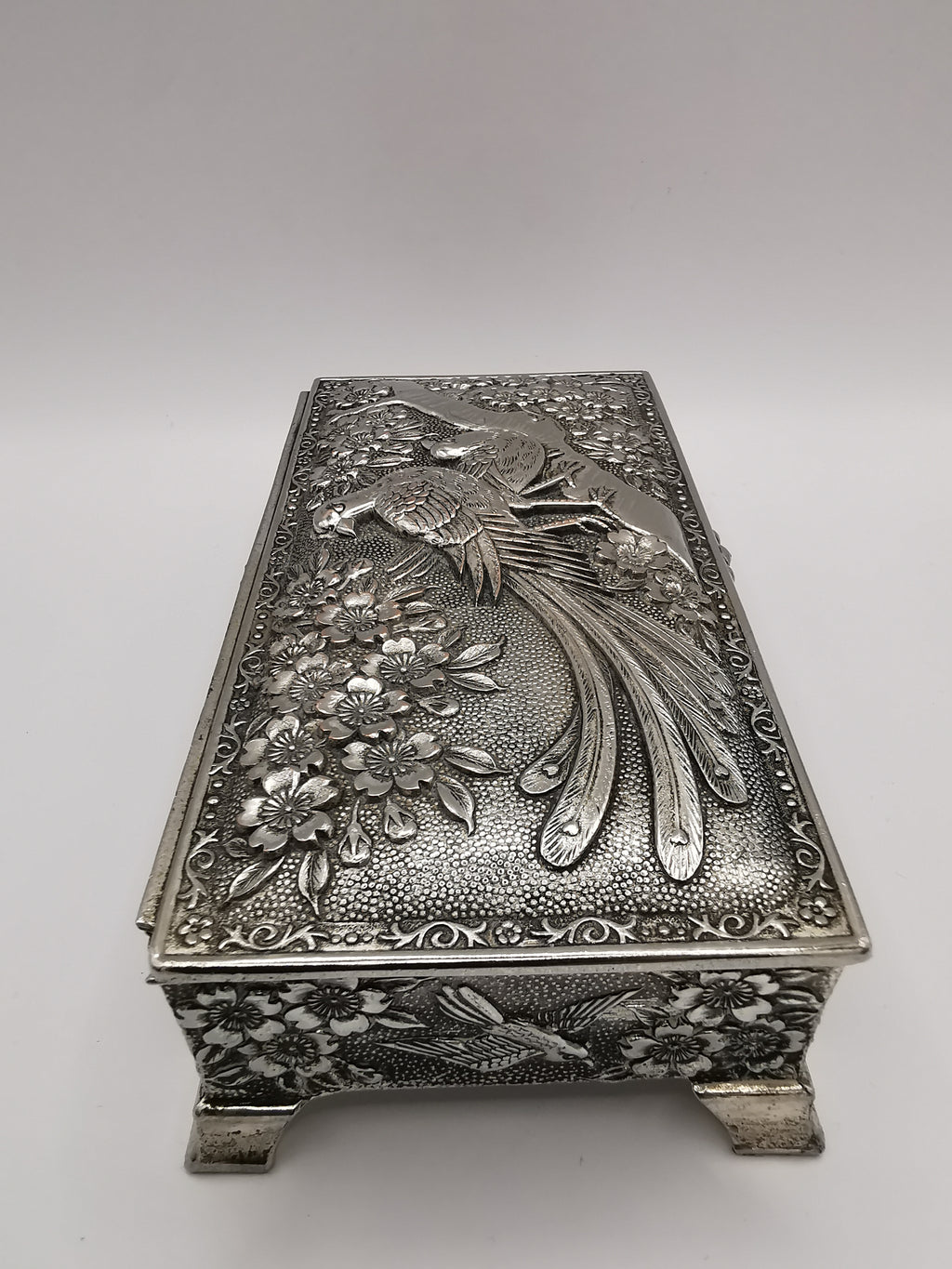 Silver Plated Metal Flowers and Birds Embossed Box, Foreign, Japan
