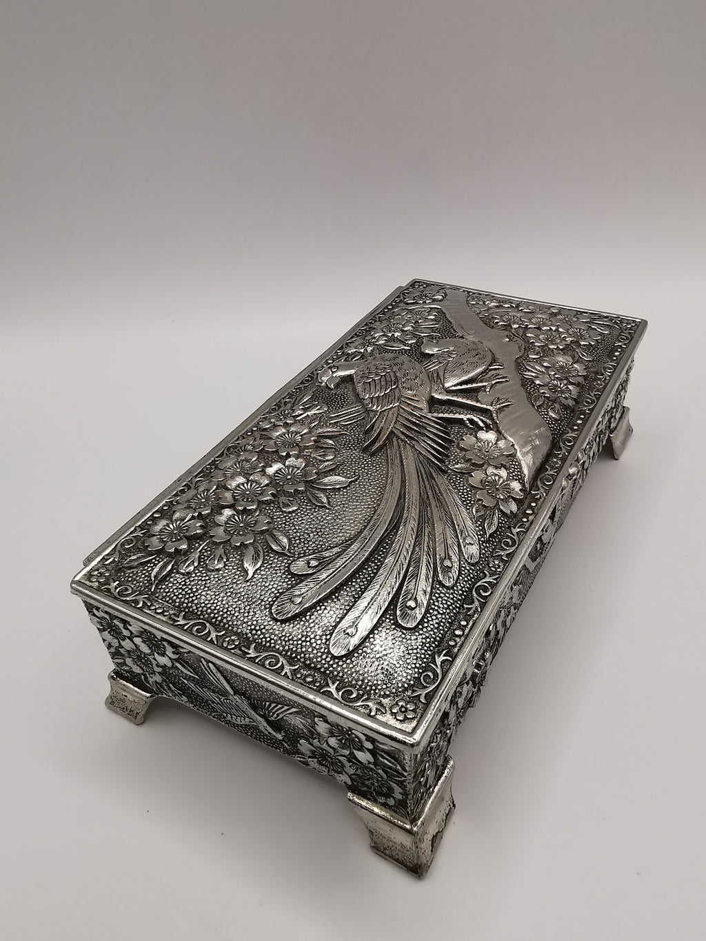 Silver Plated Metal Flowers and Birds Embossed Box, Foreign, Japan