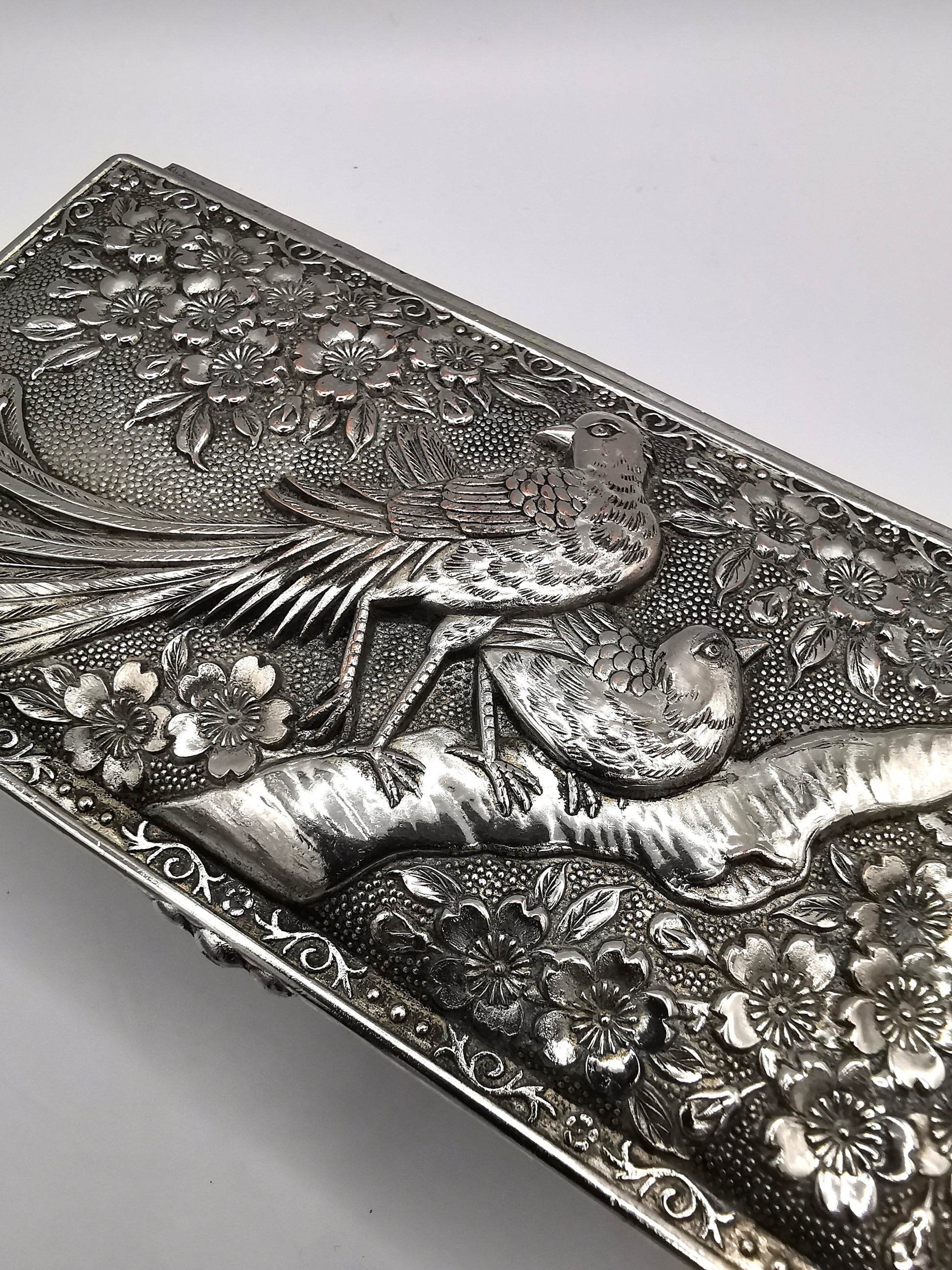 Silver Plated Metal Flowers and Birds Embossed Box, Foreign, Japan
