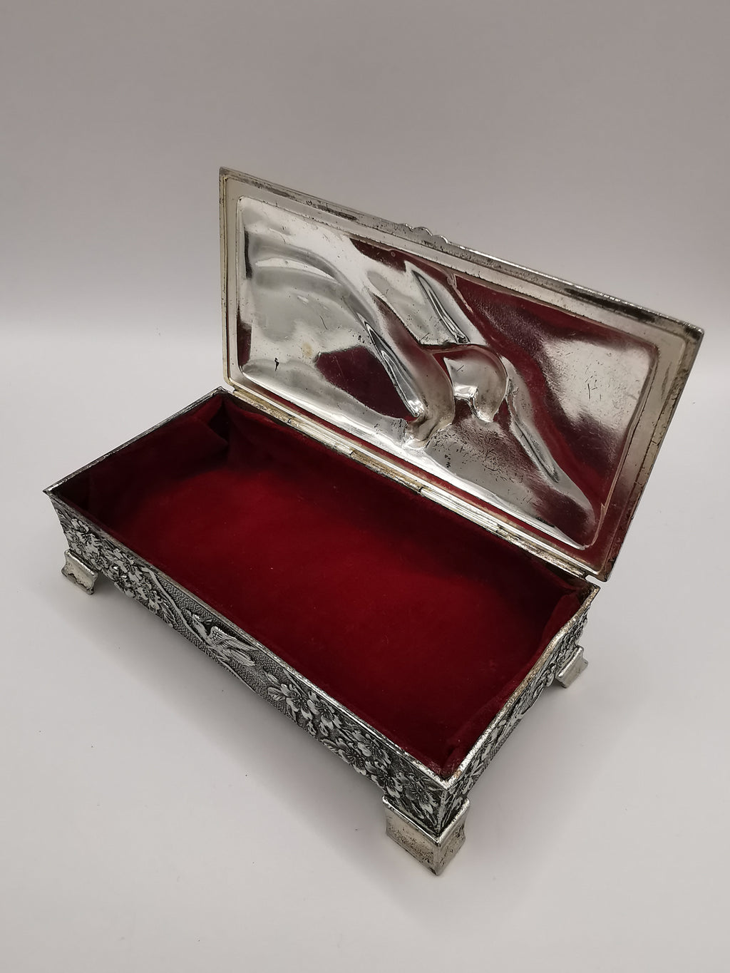 Silver Plated Metal Flowers and Birds Embossed Box, Foreign, Japan