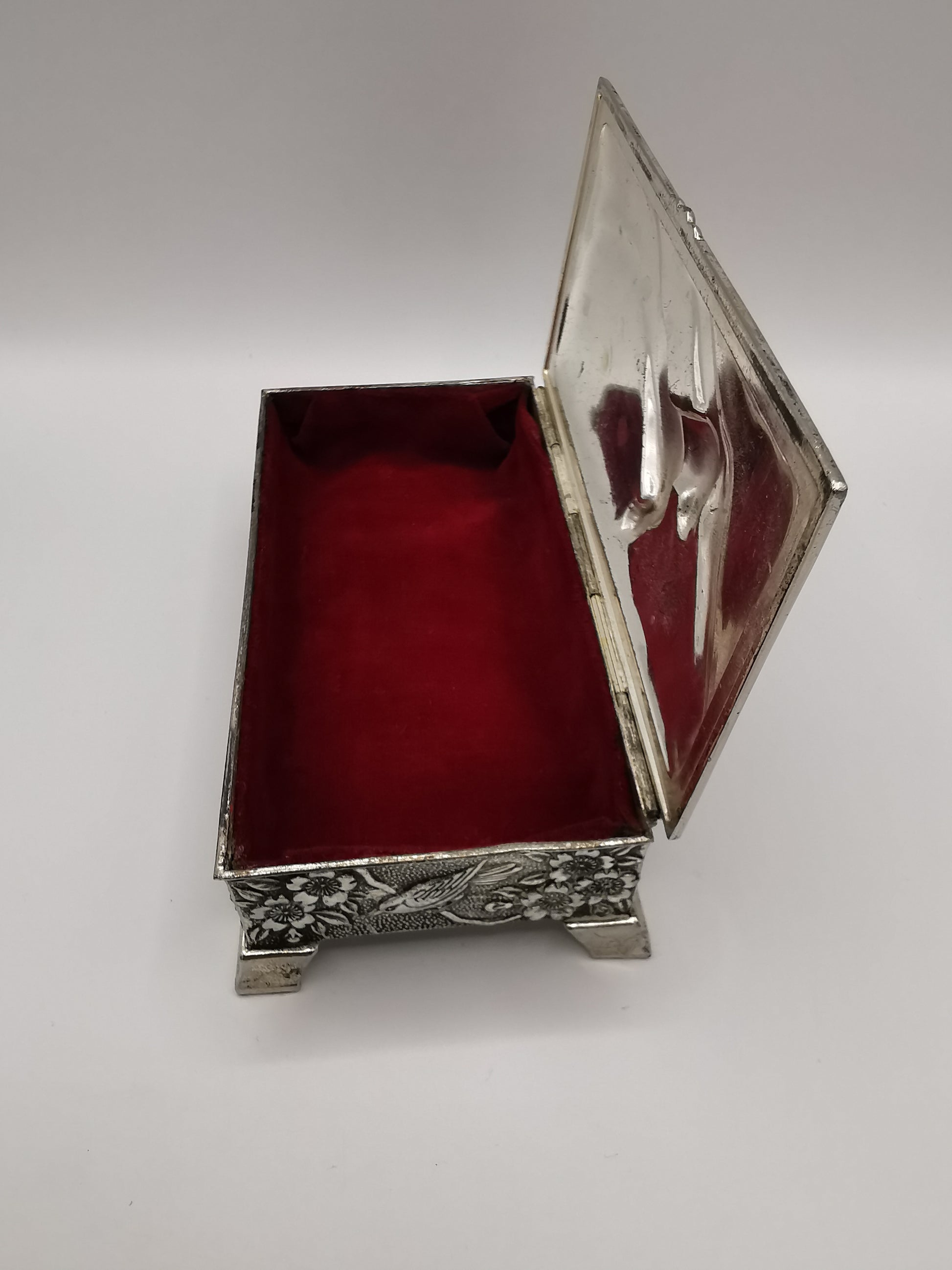Silver Plated Metal Flowers and Birds Embossed Box, Foreign, Japan