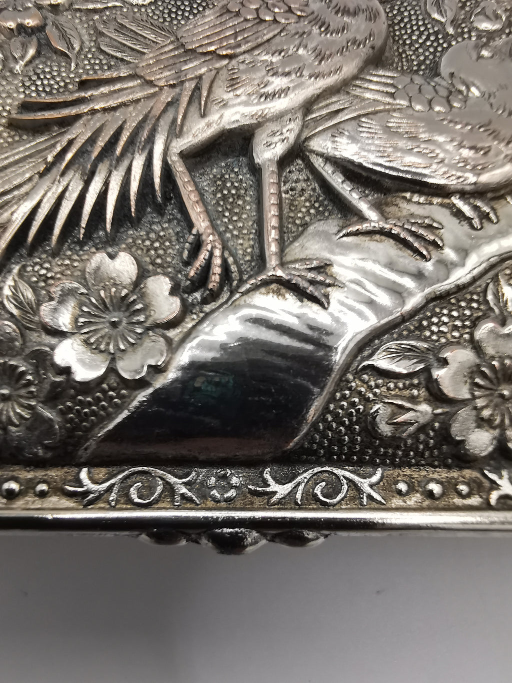 Silver Plated Metal Flowers and Birds Embossed Box, Foreign, Japan