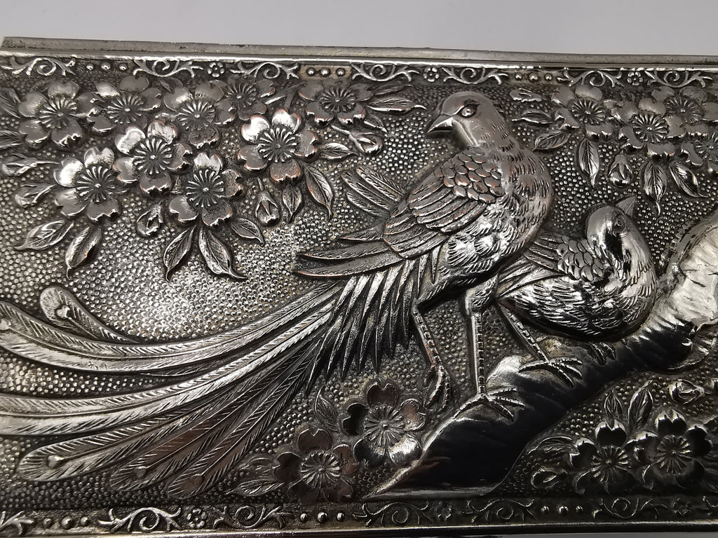 Silver Plated Metal Flowers and Birds Embossed Box, Foreign, Japan
