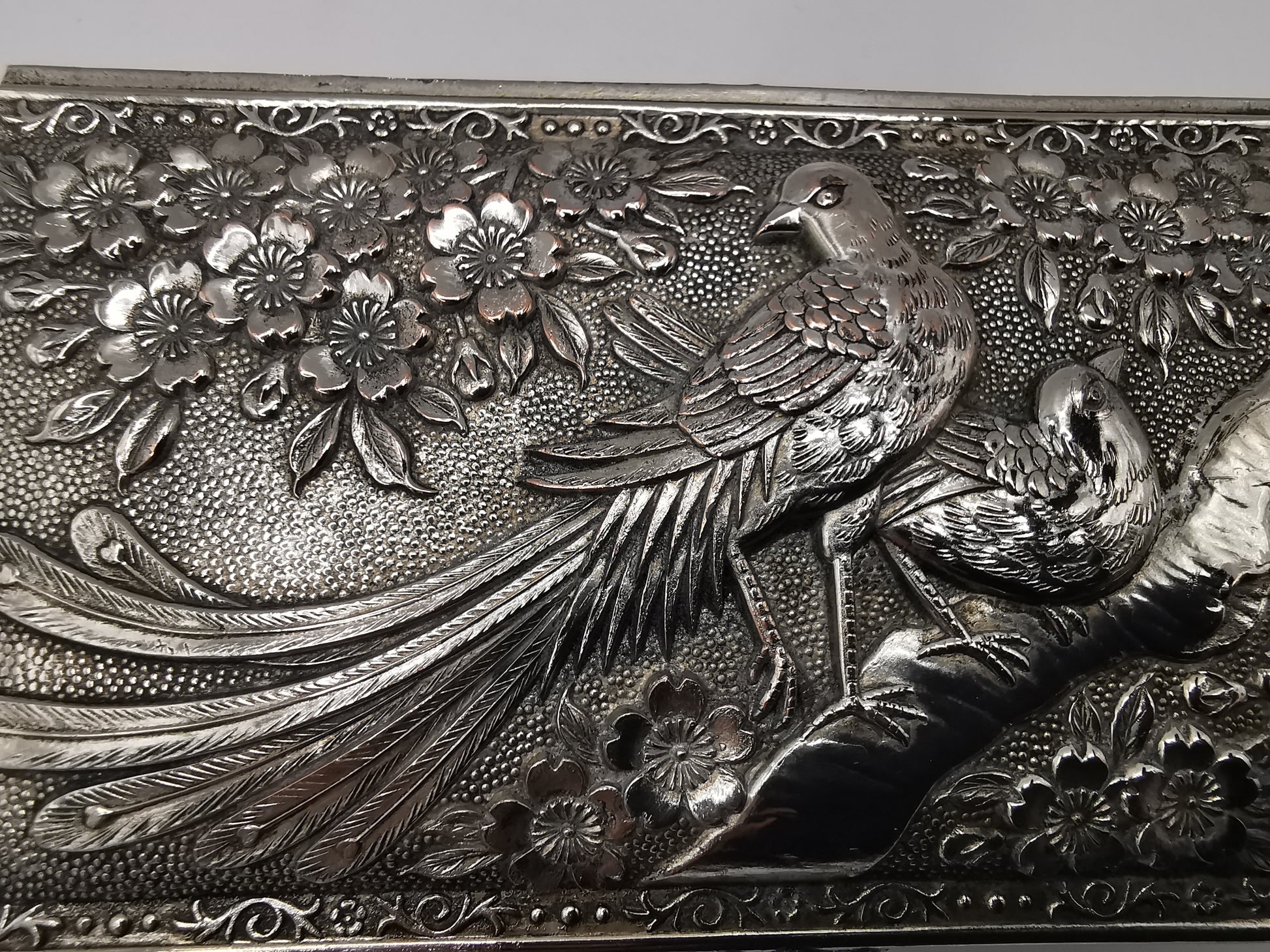 Silver Plated Metal Flowers and Birds Embossed Box, Foreign, Japan