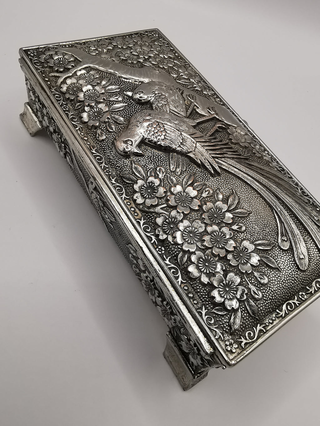 Silver Plated Metal Flowers and Birds Embossed Box, Foreign, Japan