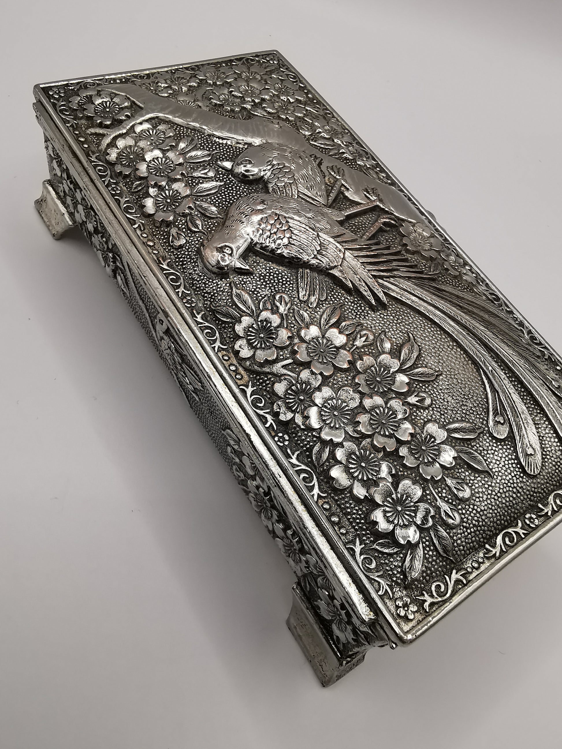 Silver Plated Metal Flowers and Birds Embossed Box, Foreign, Japan