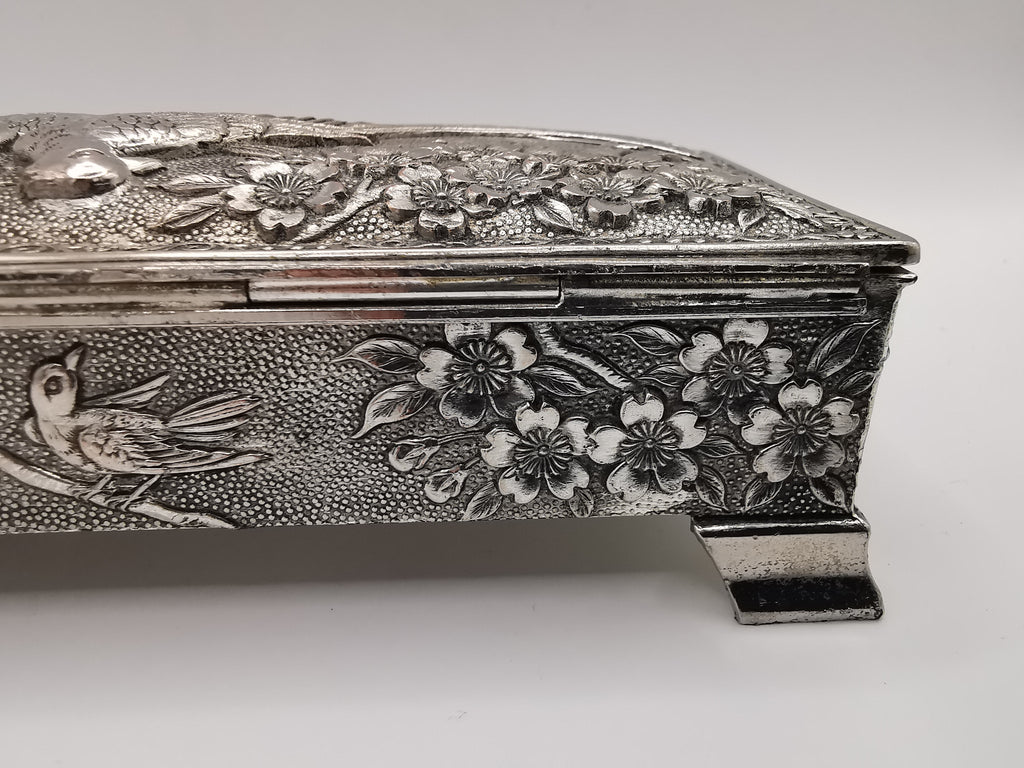 Silver Plated Metal Flowers and Birds Embossed Box, Foreign, Japan