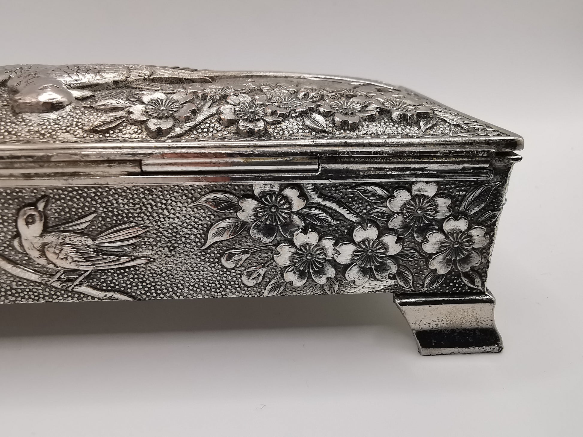 Silver Plated Metal Flowers and Birds Embossed Box, Foreign, Japan