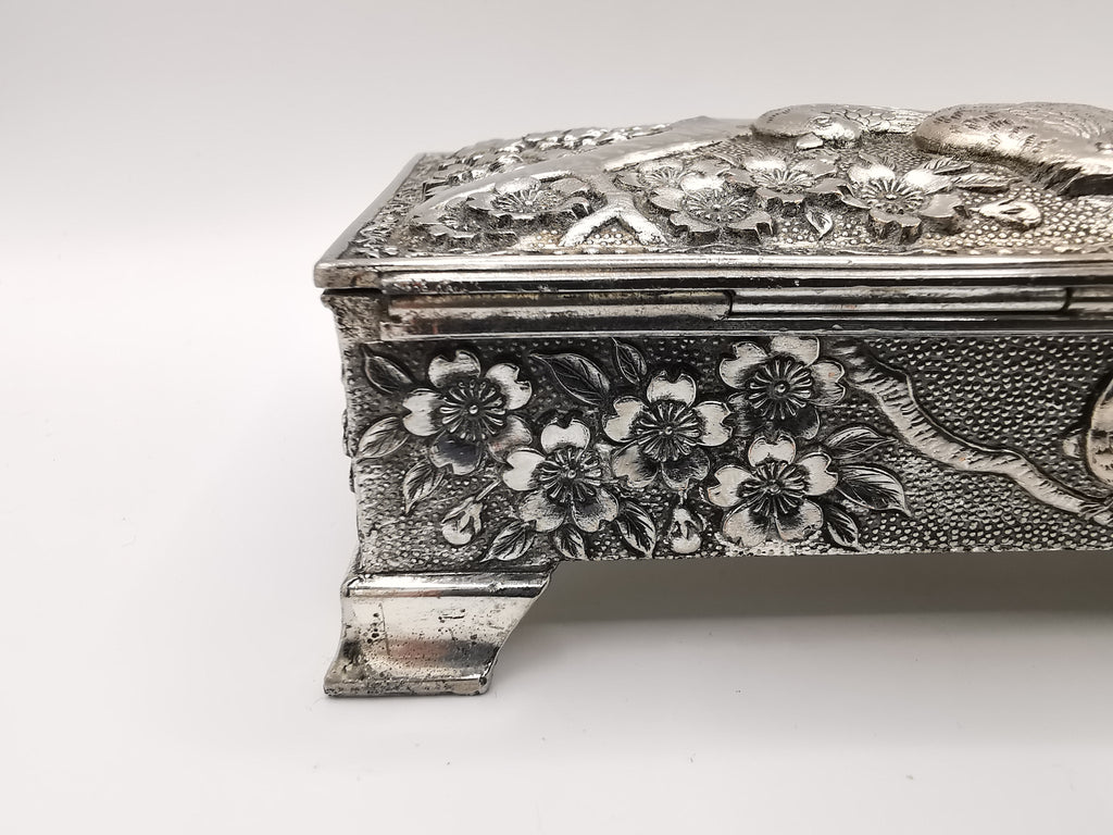 Silver Plated Metal Flowers and Birds Embossed Box, Foreign, Japan