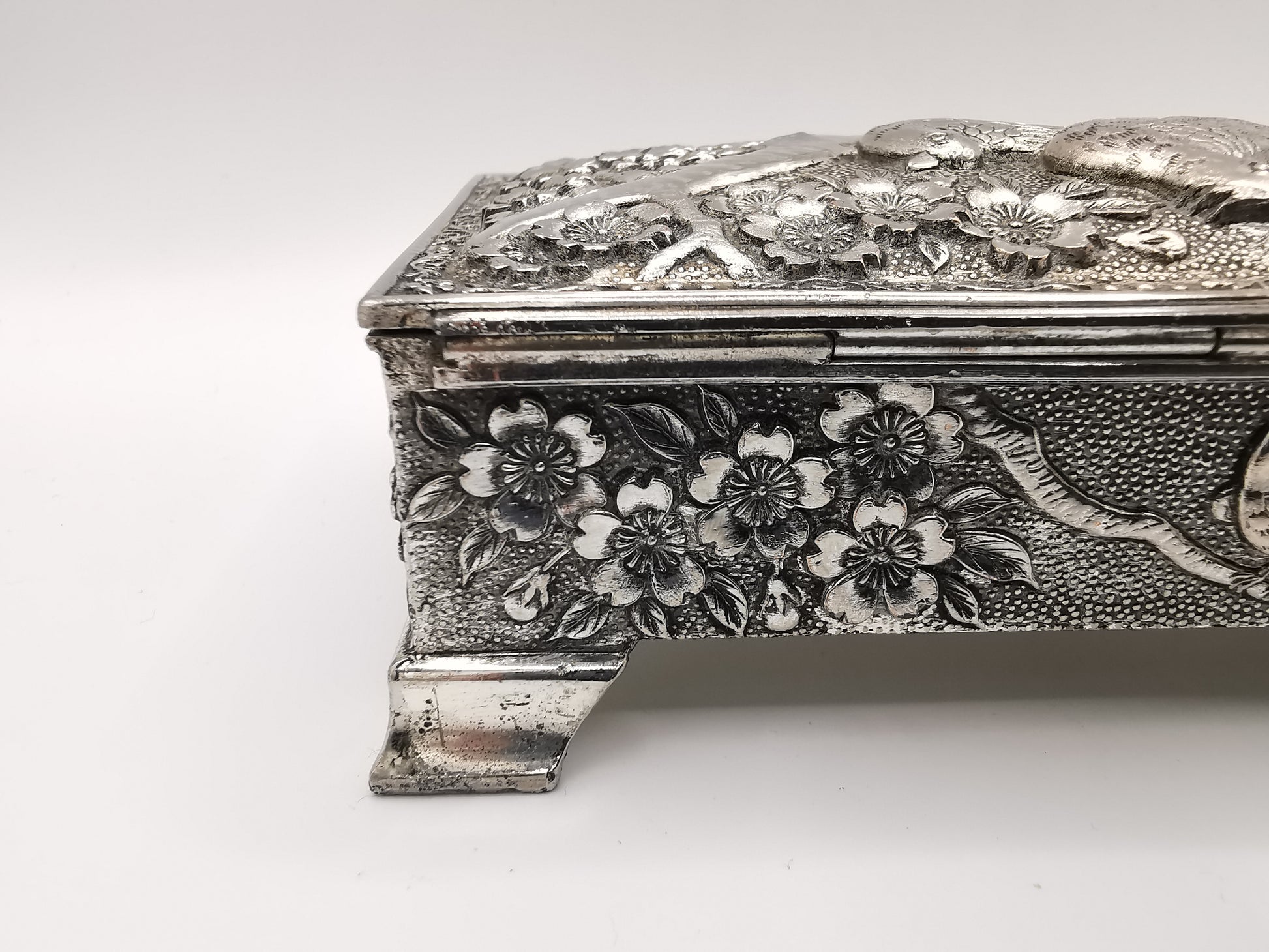 Silver Plated Metal Flowers and Birds Embossed Box, Foreign, Japan